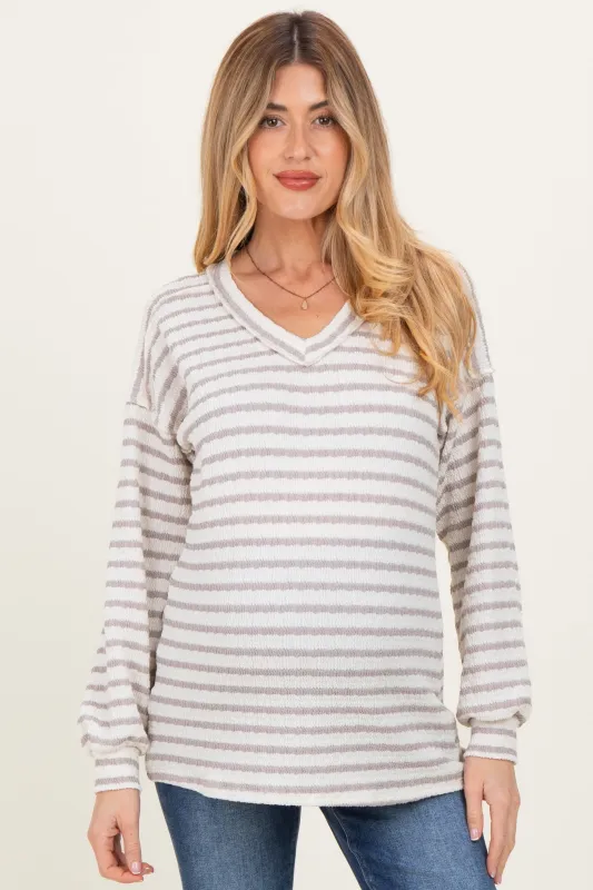 Cream/Taupe Long Puff Sleeve V-Neck Striped Maternity Top sold by Pinkblush