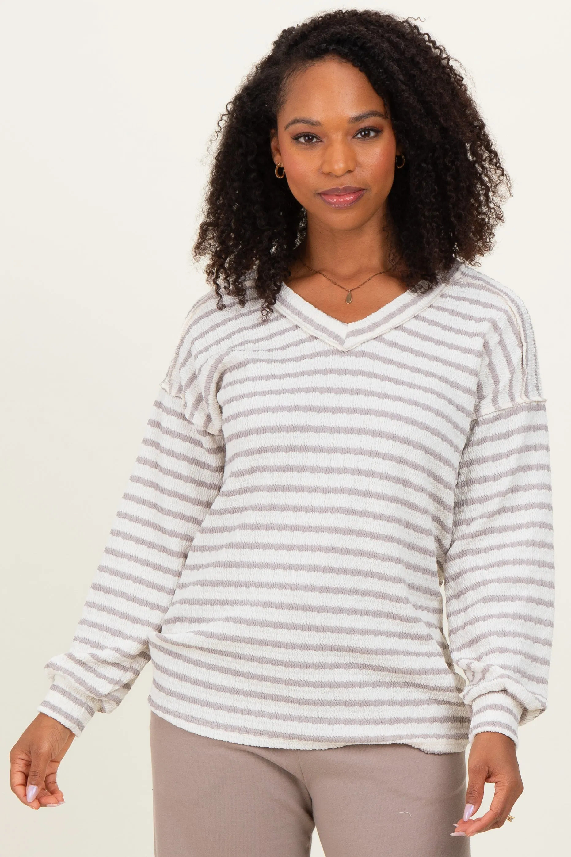Cream/Taupe Long Puff Sleeve V-Neck Striped Maternity Top sold by Pinkblush product image thumbnail 5