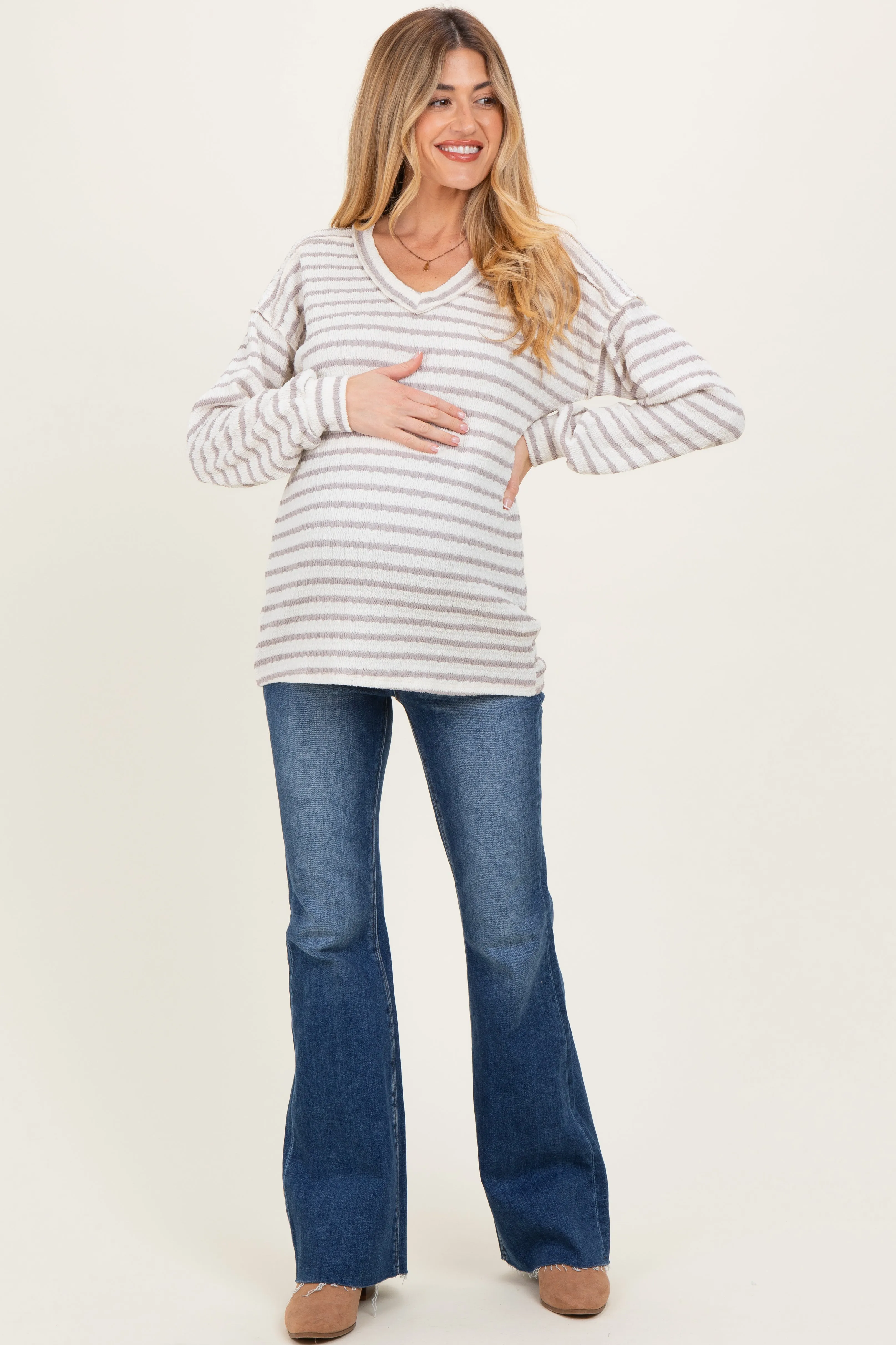 Cream/Taupe Long Puff Sleeve V-Neck Striped Maternity Top sold by Pinkblush product image thumbnail 2