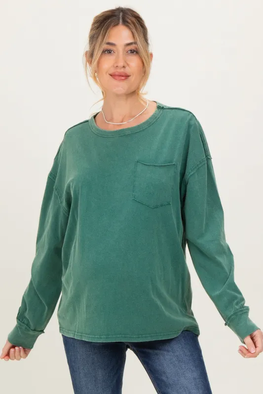 Green Oversized Washed Long Sleeve Pocket Maternity Top sold by Pinkblush