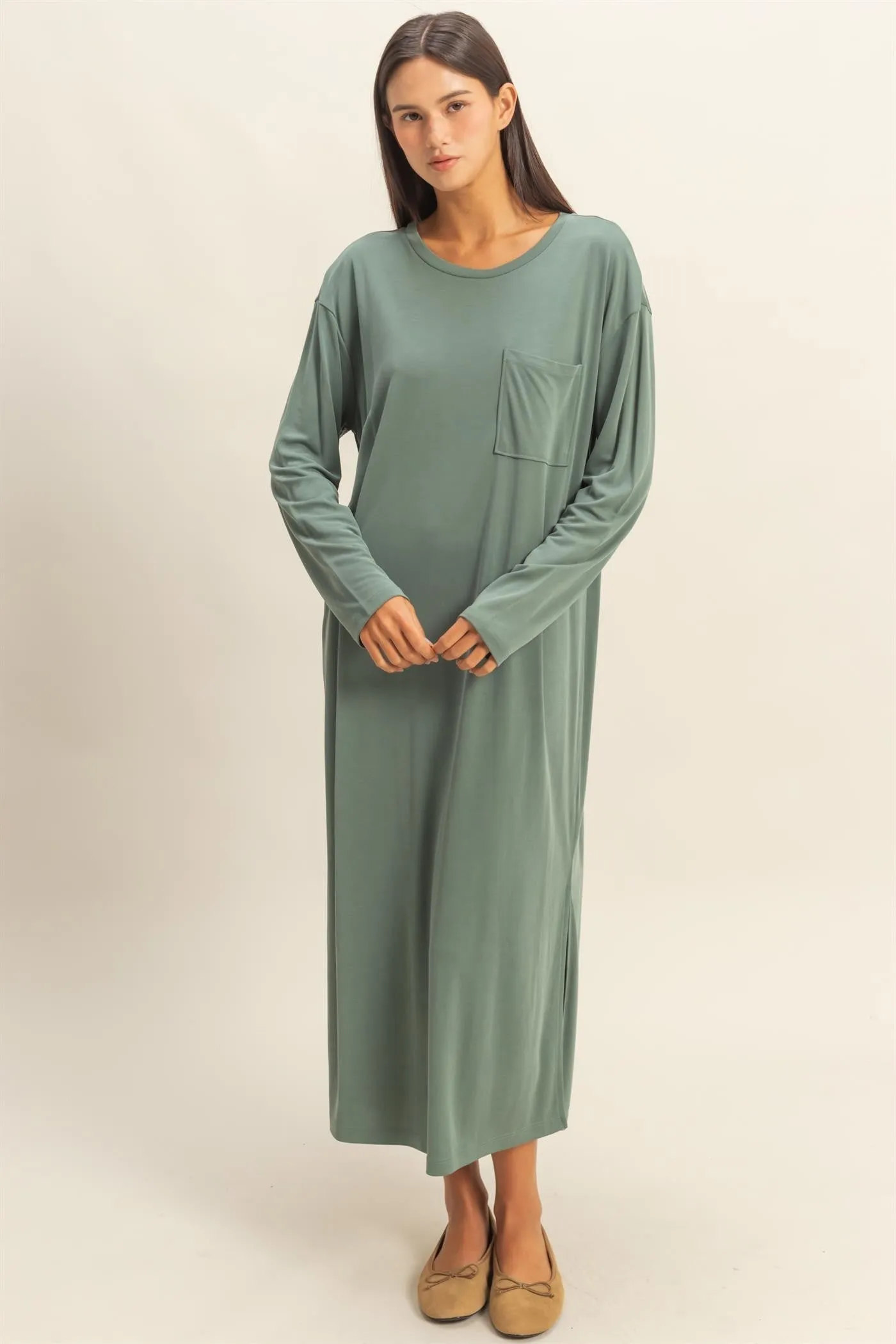 Light Olive Oversized Long Sleeve Maternity Midi Dress sold by Pinkblush product image thumbnail 4