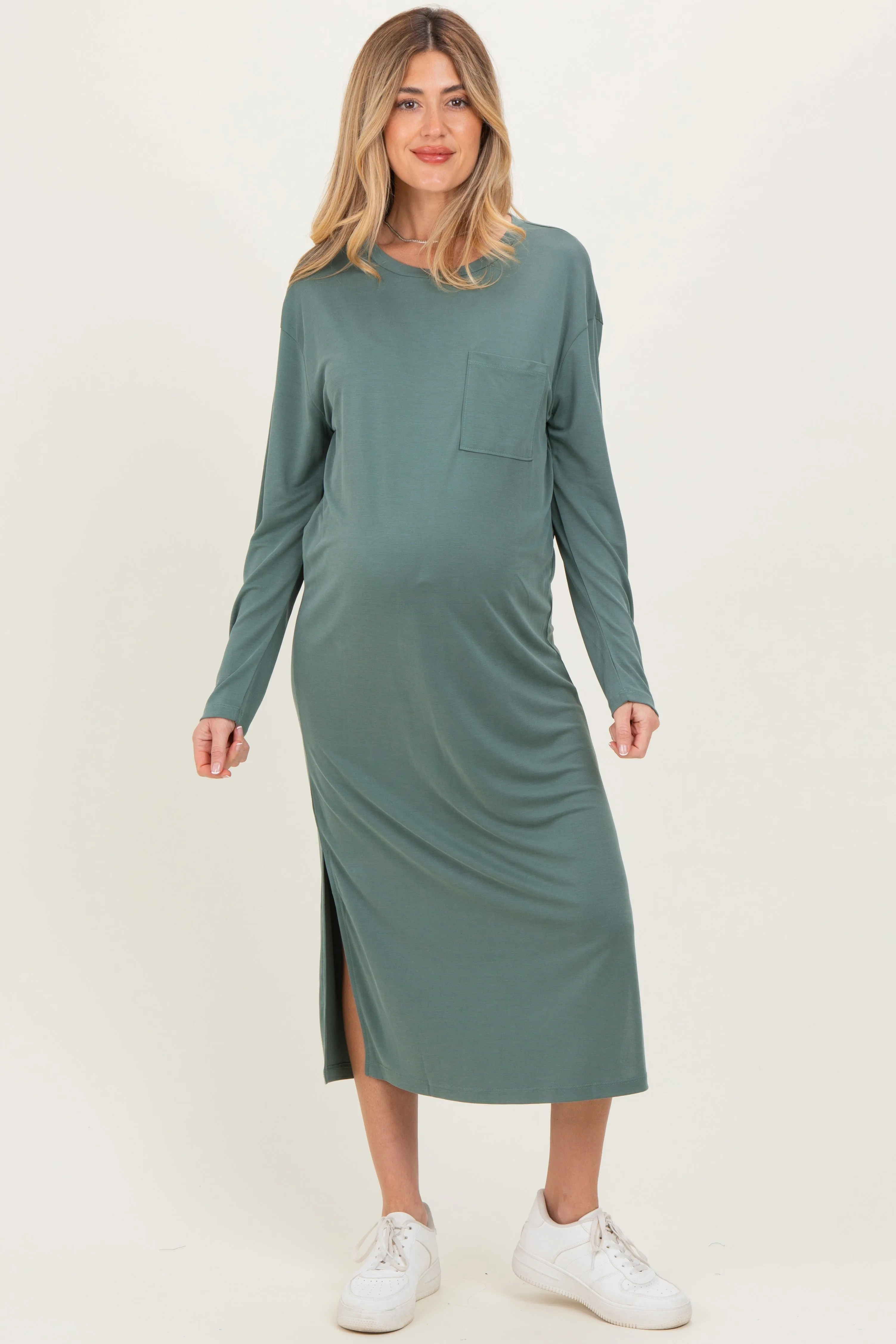 Light Olive Oversized Long Sleeve Maternity Midi Dress sold by Pinkblush