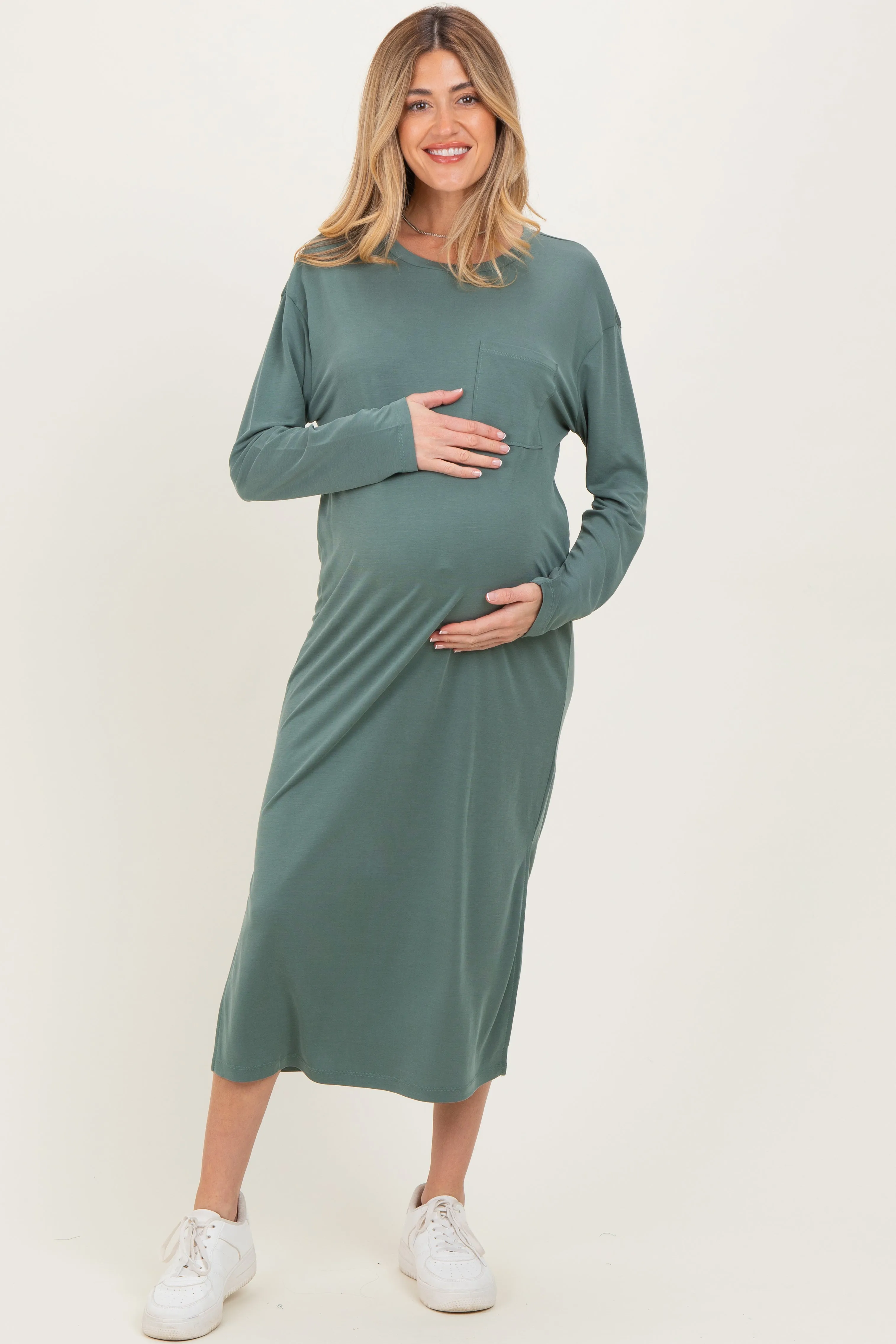 Light Olive Oversized Long Sleeve Maternity Midi Dress sold by Pinkblush product image thumbnail 2
