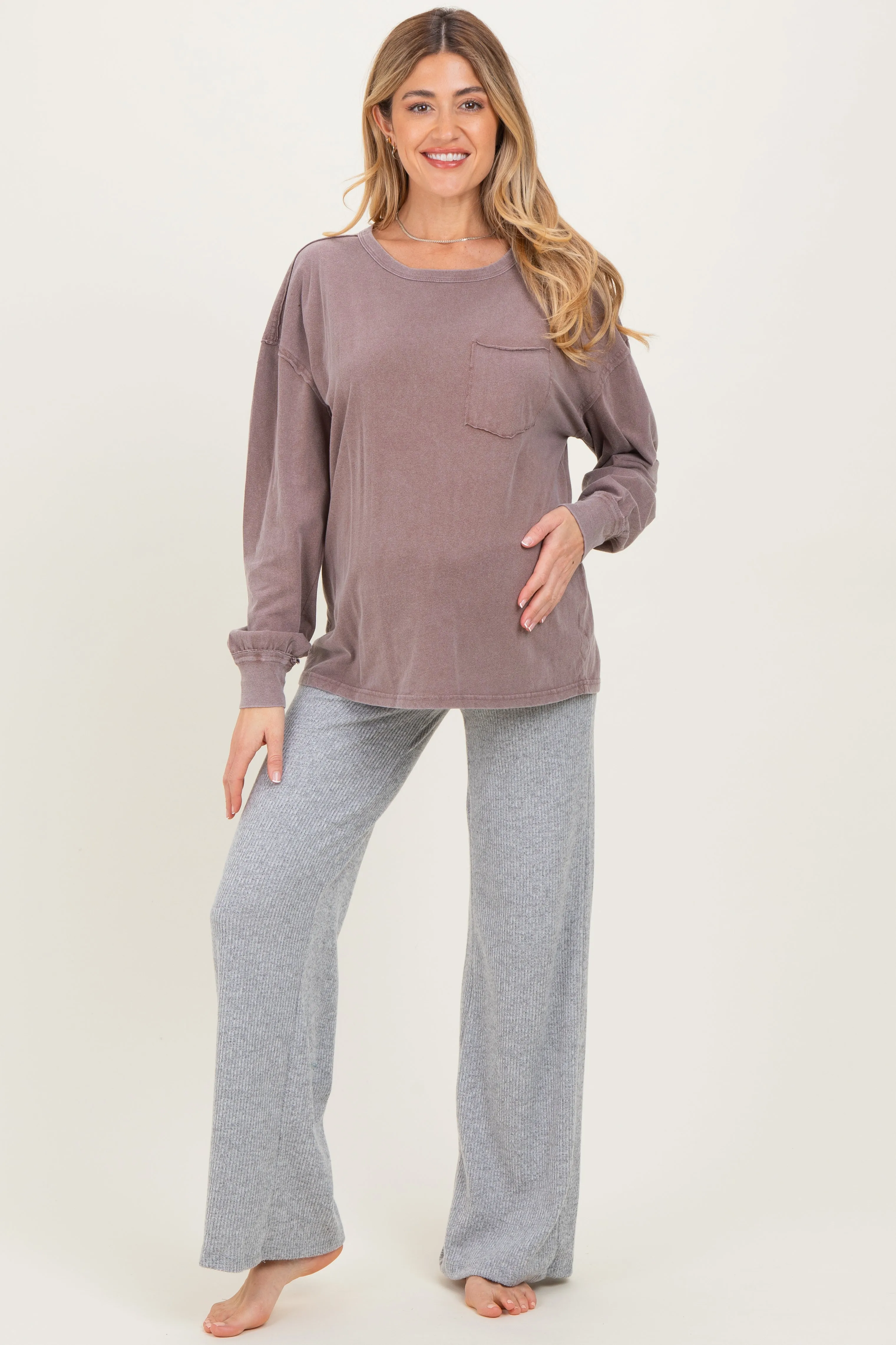 Mocha Oversized Washed Long Sleeve Pocket Maternity Top sold by Pinkblush product image thumbnail 3