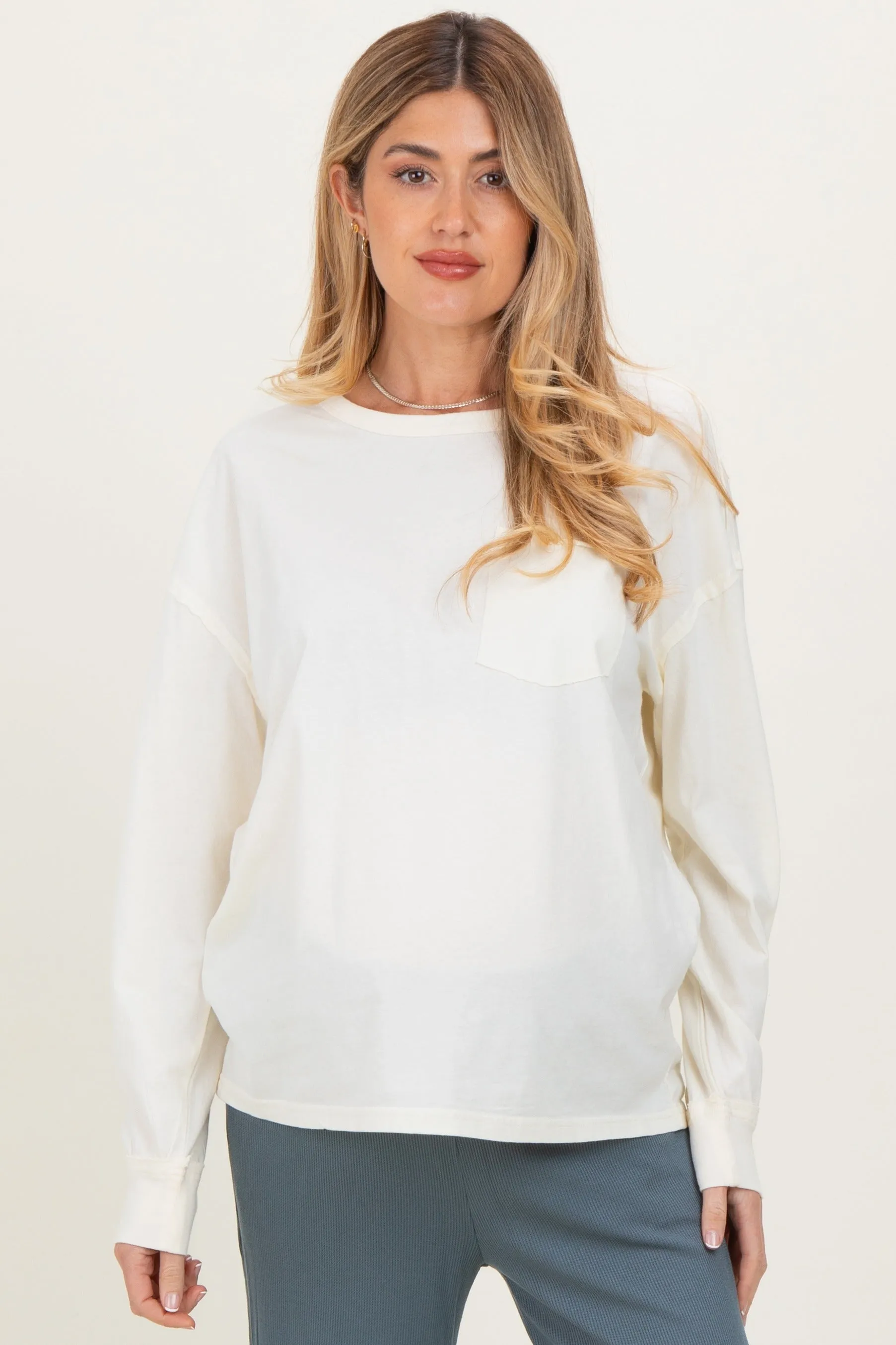 Cream Oversized Washed Long Sleeve Pocket Maternity Top sold by Pinkblush