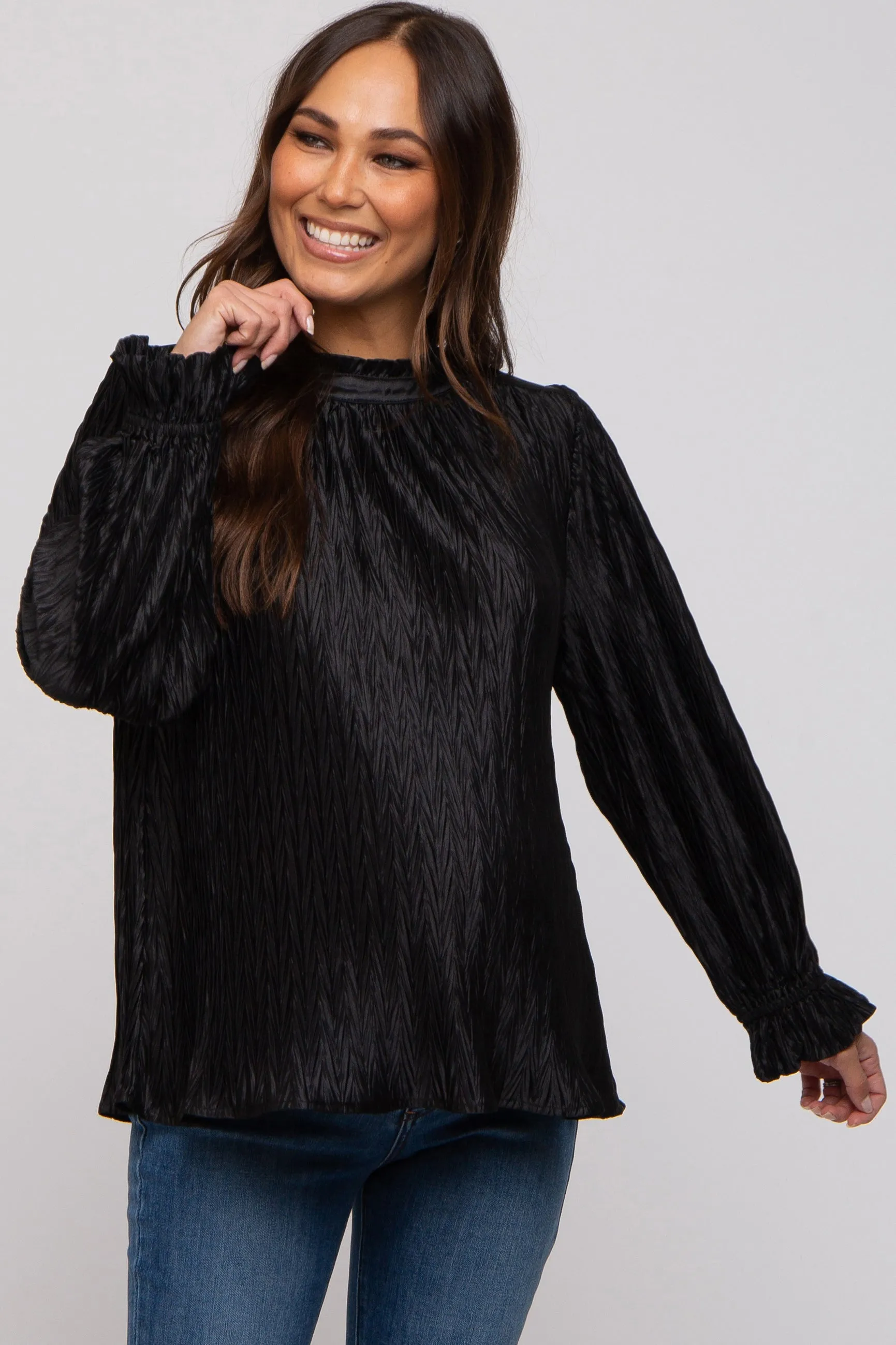 Black Textured Mock Neck Maternity Blouse sold by Pinkblush product image thumbnail 2