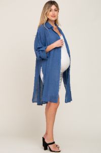 Blue Button Front Side Slit Oversized Maternity Blouse sold by Pinkblush