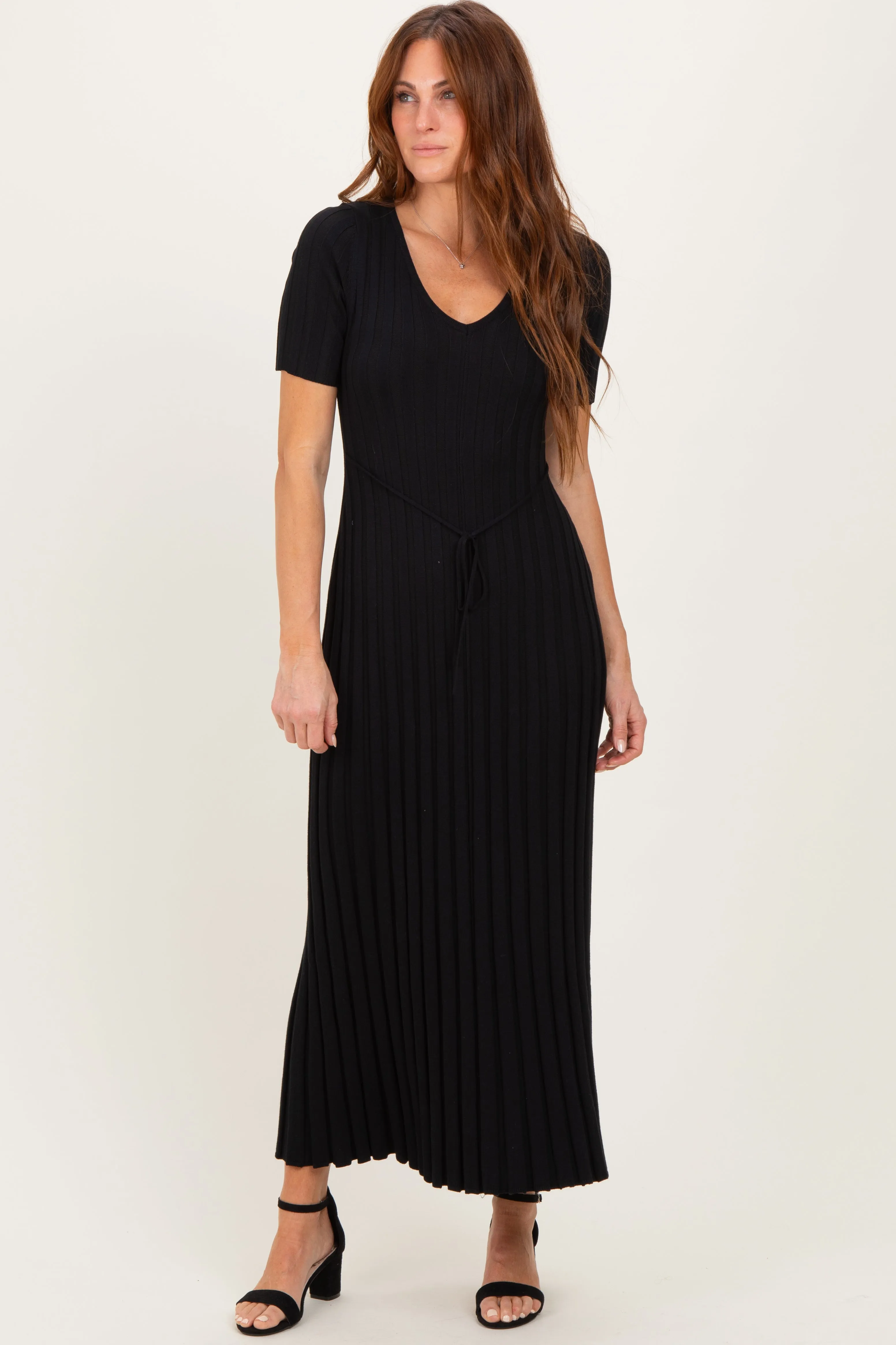 Black Ribbed Short Sleeve Knit Maxi Dress sold by Pinkblush product image thumbnail 2