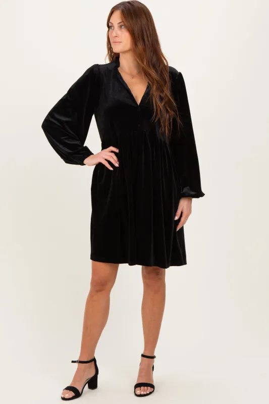 Black Velvet Button Up V-Neck Dress sold by Pinkblush