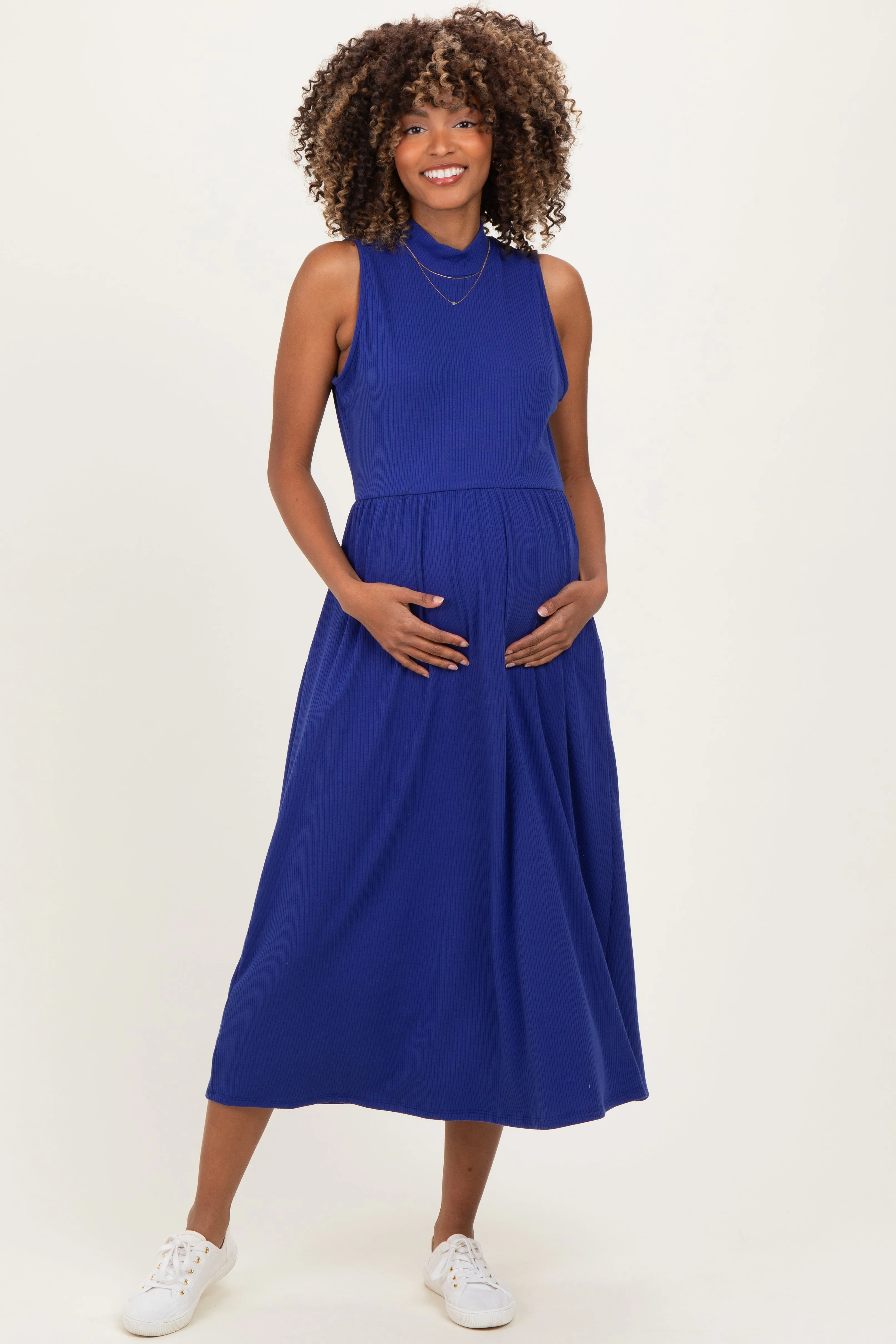 Royal Blue Ribbed Mock Neck Sleeveless Maternity Midi Dress sold by Pinkblush product image thumbnail 2