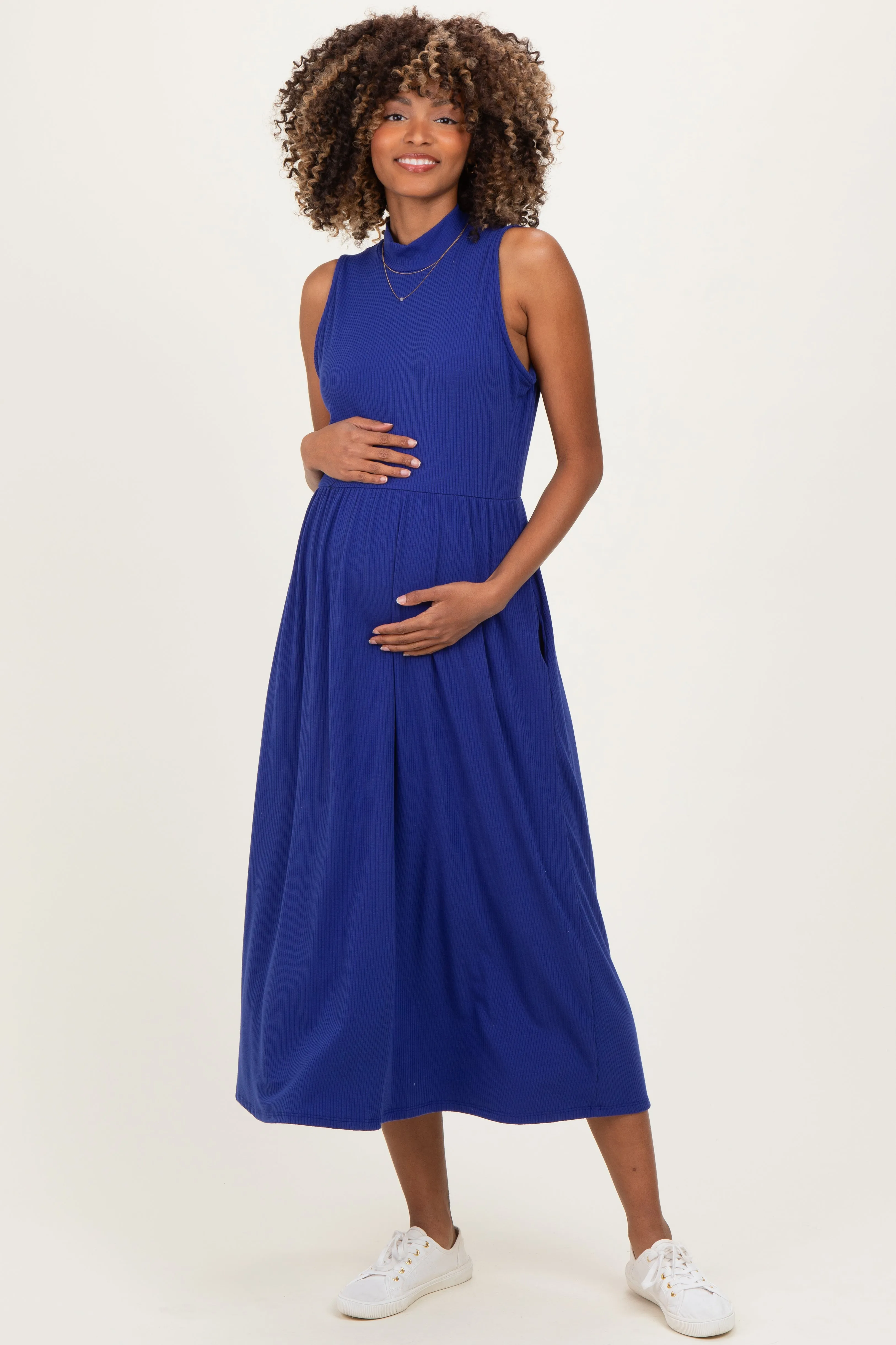 Royal Blue Ribbed Mock Neck Sleeveless Maternity Midi Dress sold by Pinkblush