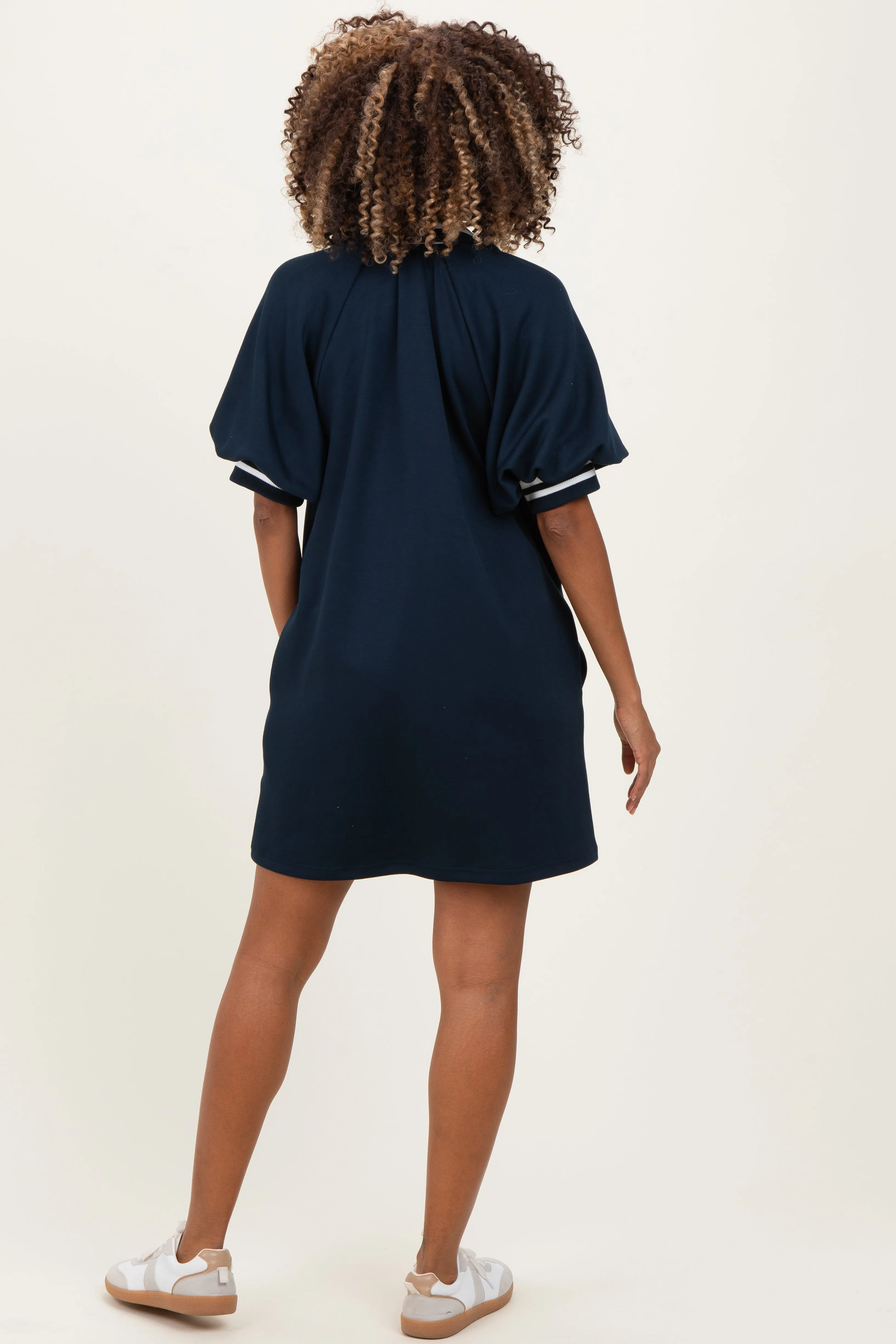 Navy Half Zip Puff Sleeve Maternity Mini Dress sold by Pinkblush product image thumbnail 4