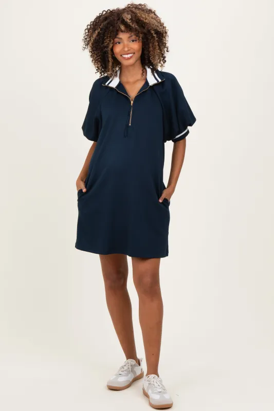 Navy Half Zip Puff Sleeve Maternity Mini Dress sold by Pinkblush