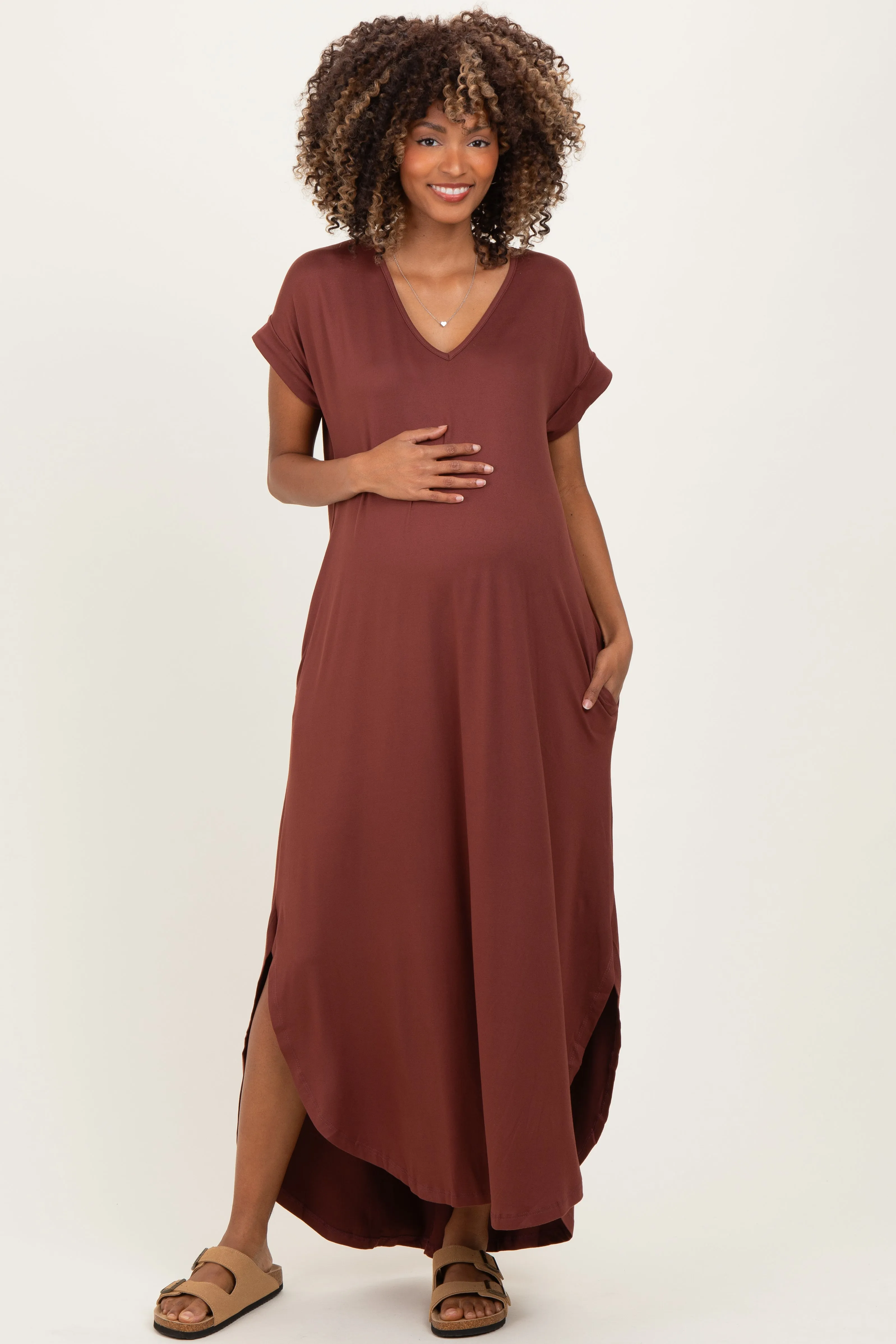 Chocolate Side Slit Maternity Maxi Dress sold by Pinkblush product image thumbnail 2