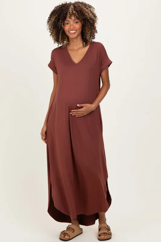 Chocolate Side Slit Maternity Maxi Dress sold by Pinkblush
