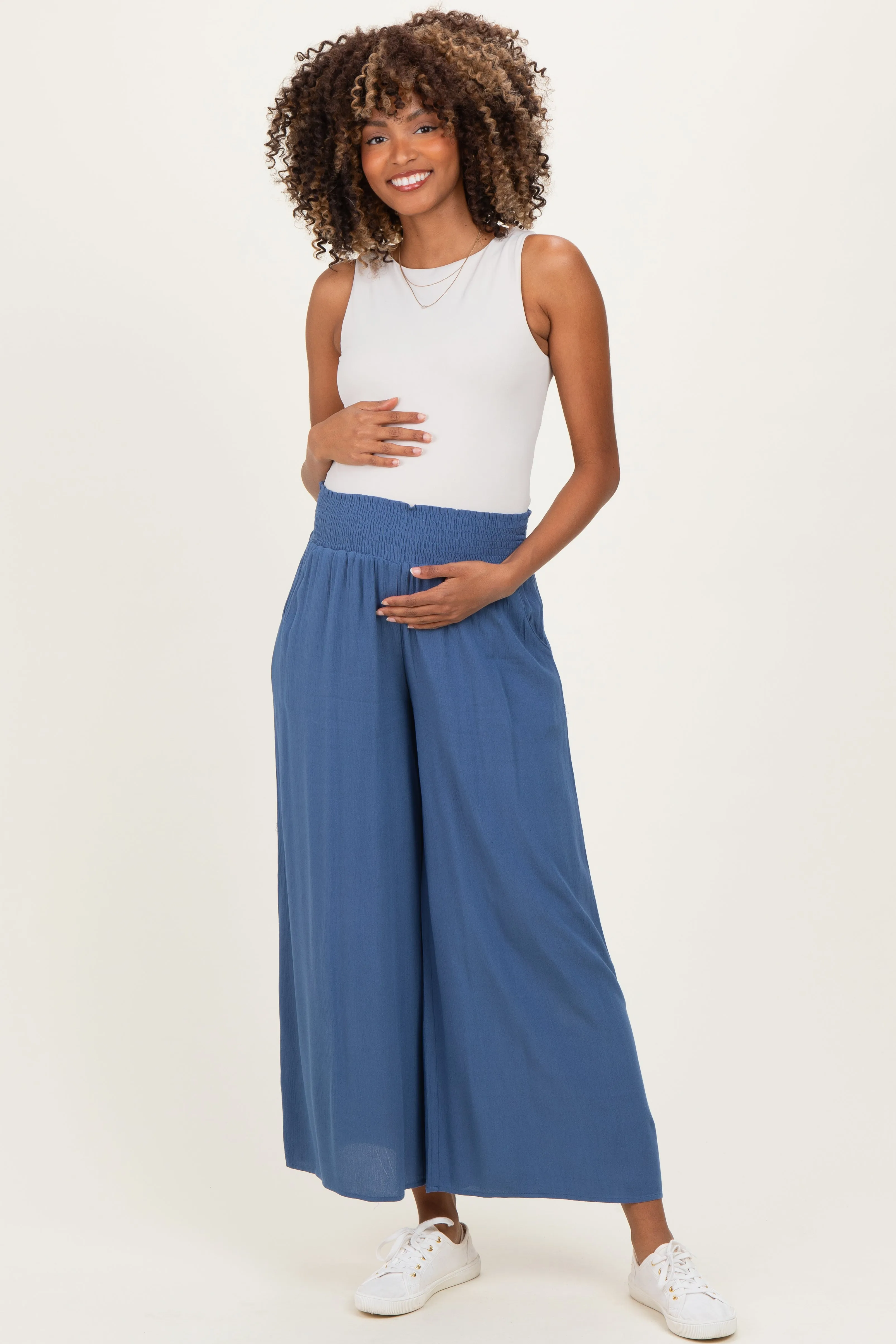 Blue Smocked Waist Ankle Wide Leg Maternity Pants sold by Pinkblush product image thumbnail 2