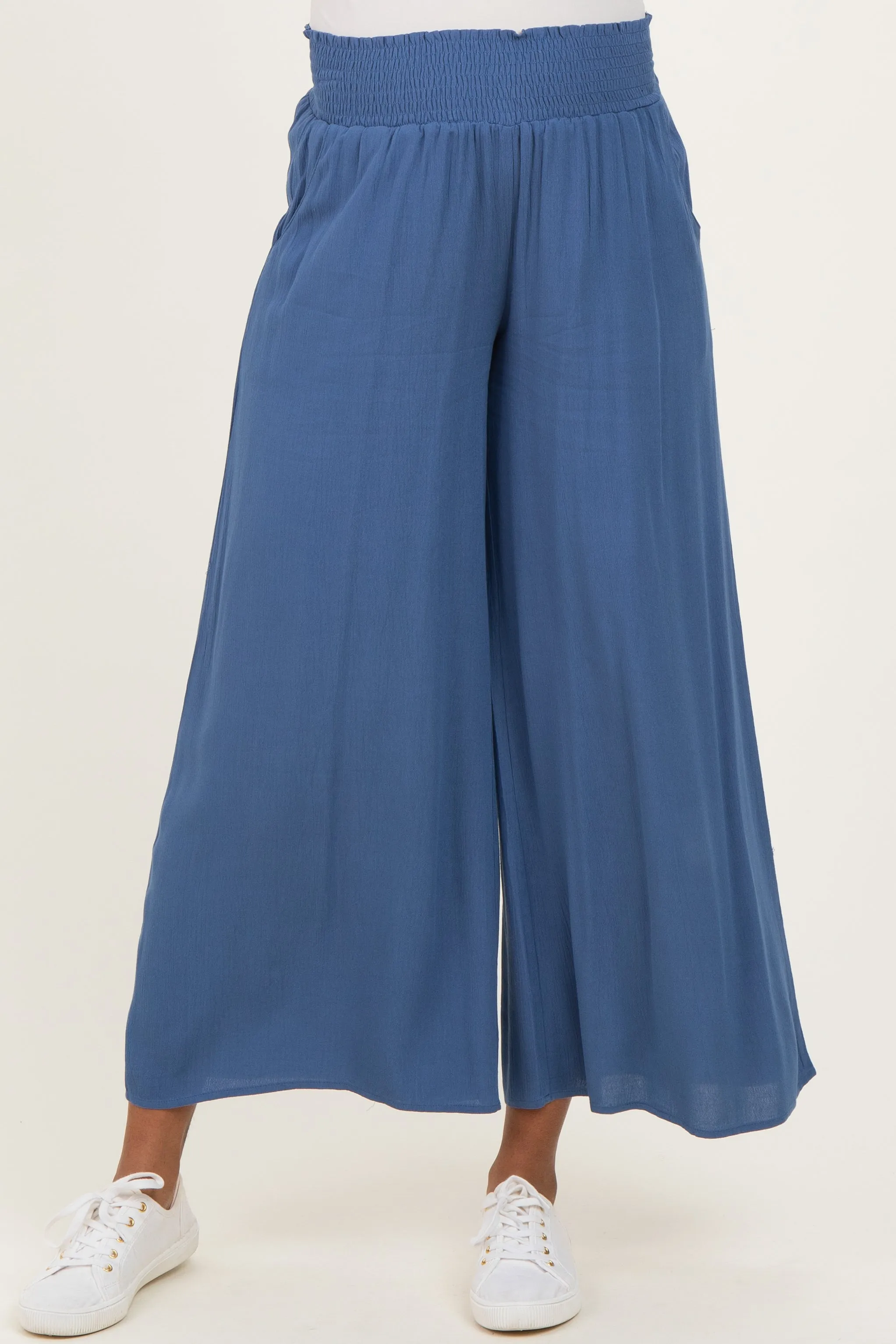 Blue Smocked Waist Ankle Wide Leg Maternity Pants sold by Pinkblush product image thumbnail 3