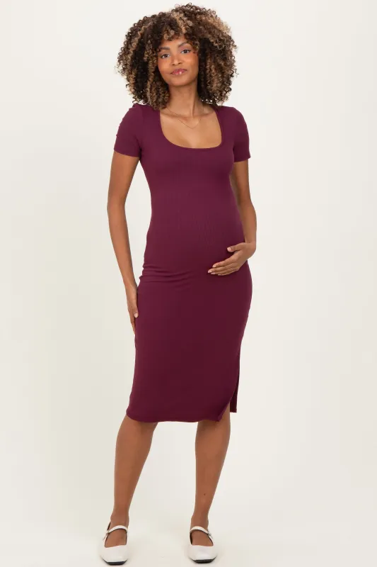 Wine Square Neck Side Slit Maternity Midi Dress sold by Pinkblush