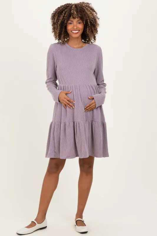 Lavender Textured Rib Tiered Long Sleeve Maternity Dress sold by Pinkblush