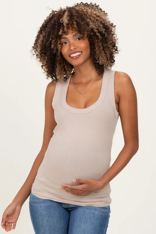 Beige Ribbed Scoop Neck Maternity Tank Top sold by Pinkblush