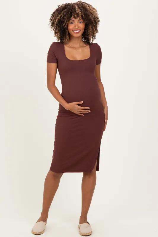 Brown Square Neck Side Slit Maternity Midi Dress sold by Pinkblush
