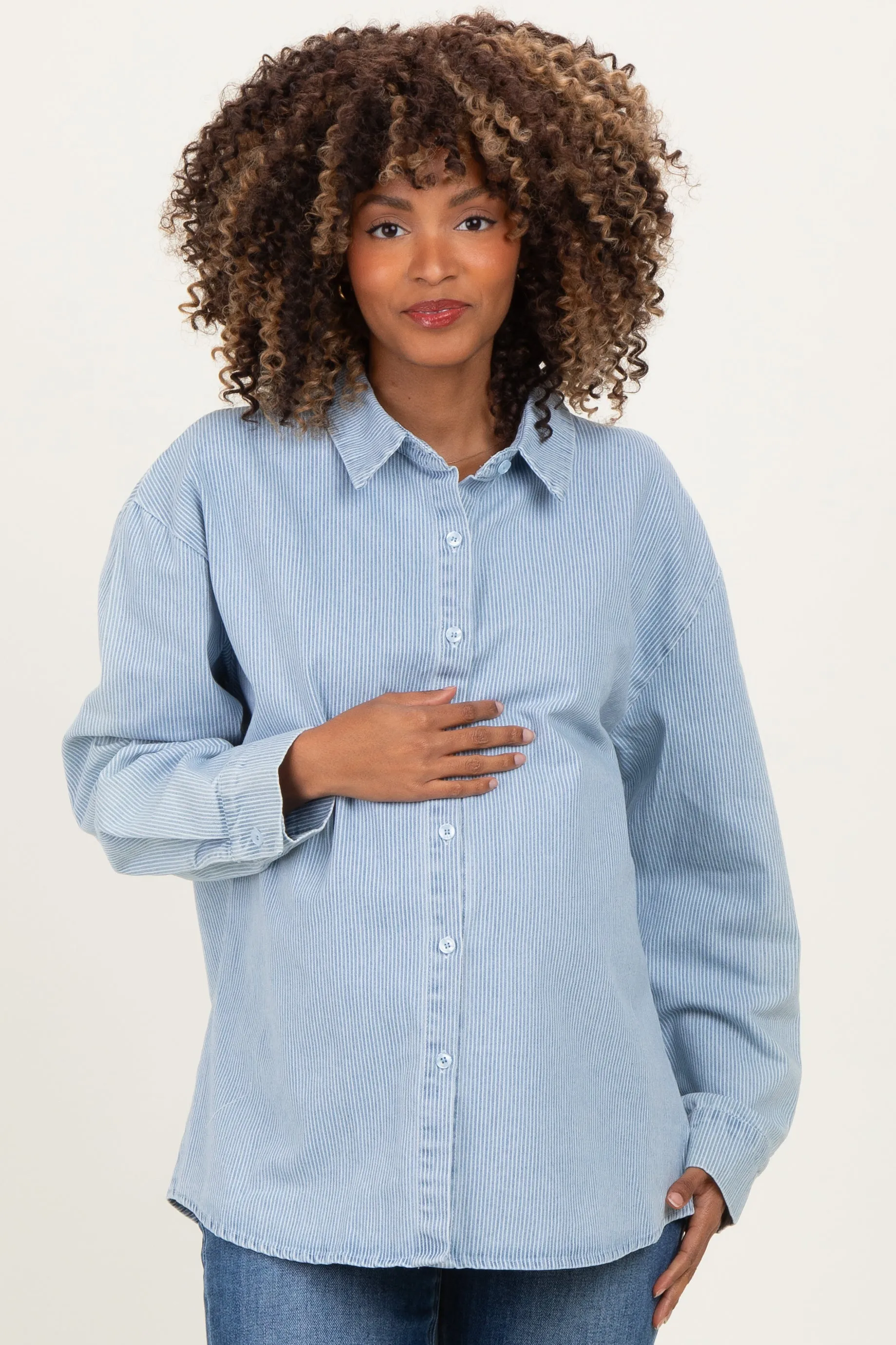 Light Blue Striped Button Down Maternity Shirt sold by Pinkblush product image thumbnail 2