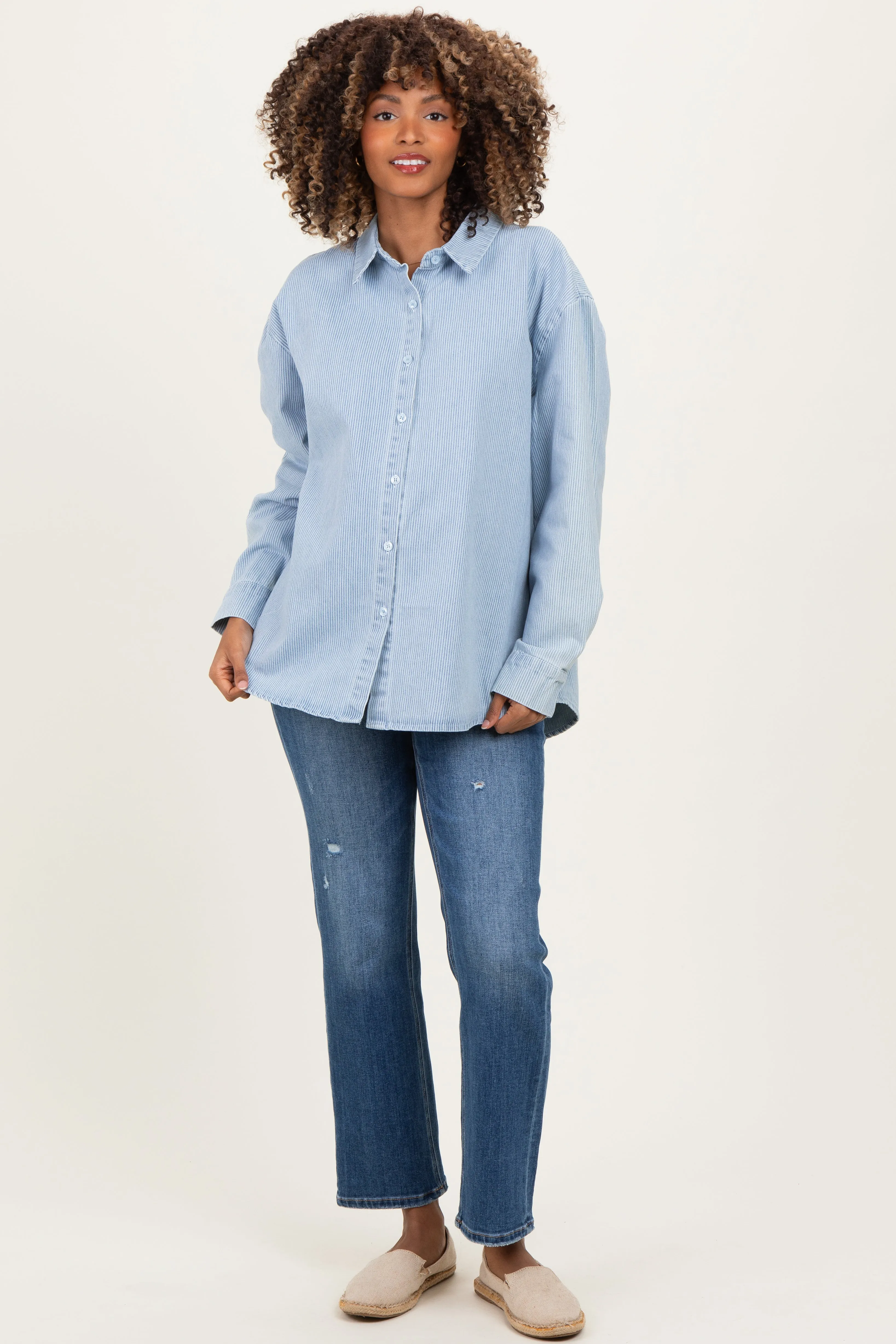 Light Blue Striped Button Down Maternity Shirt sold by Pinkblush
