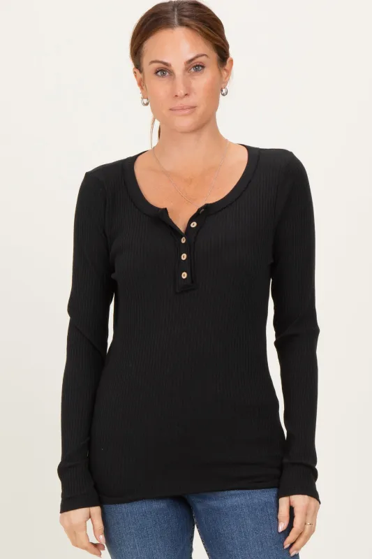 Black Ribbed Long Sleeve Button Town Top sold by Pinkblush