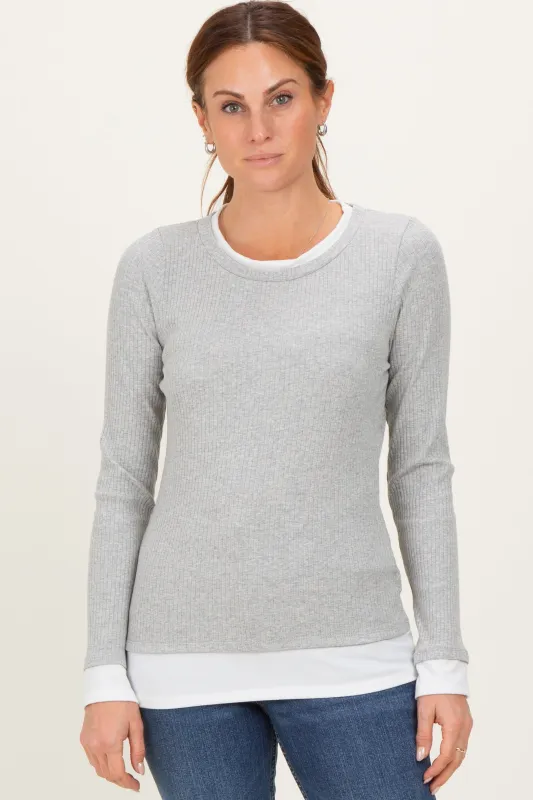 Heather Grey Ribbed Long Sleeve Double Layer Top sold by Pinkblush