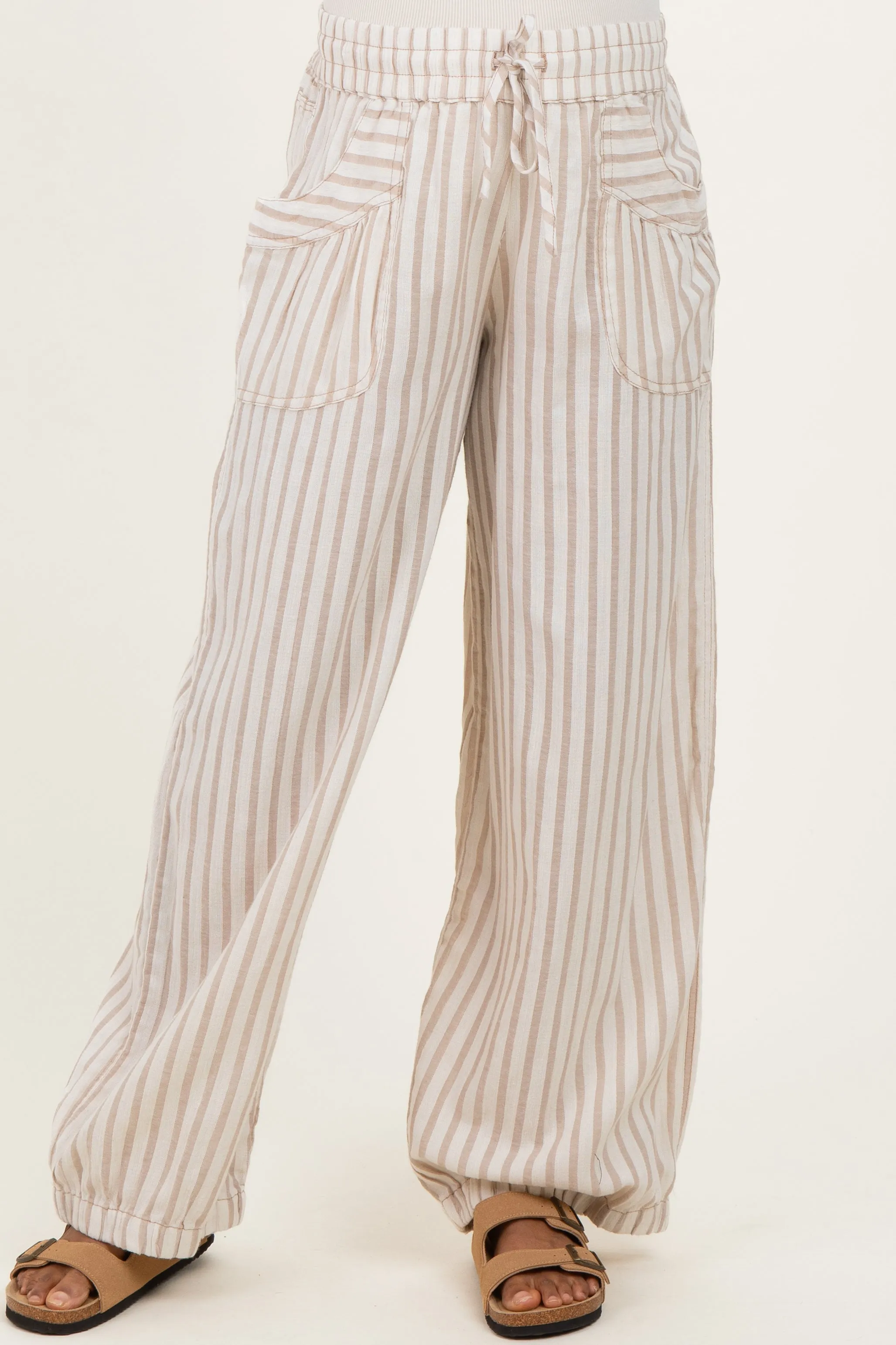 Taupe Striped Cotton Gauze Drawstring Maternity Pants sold by Pinkblush product image thumbnail 3
