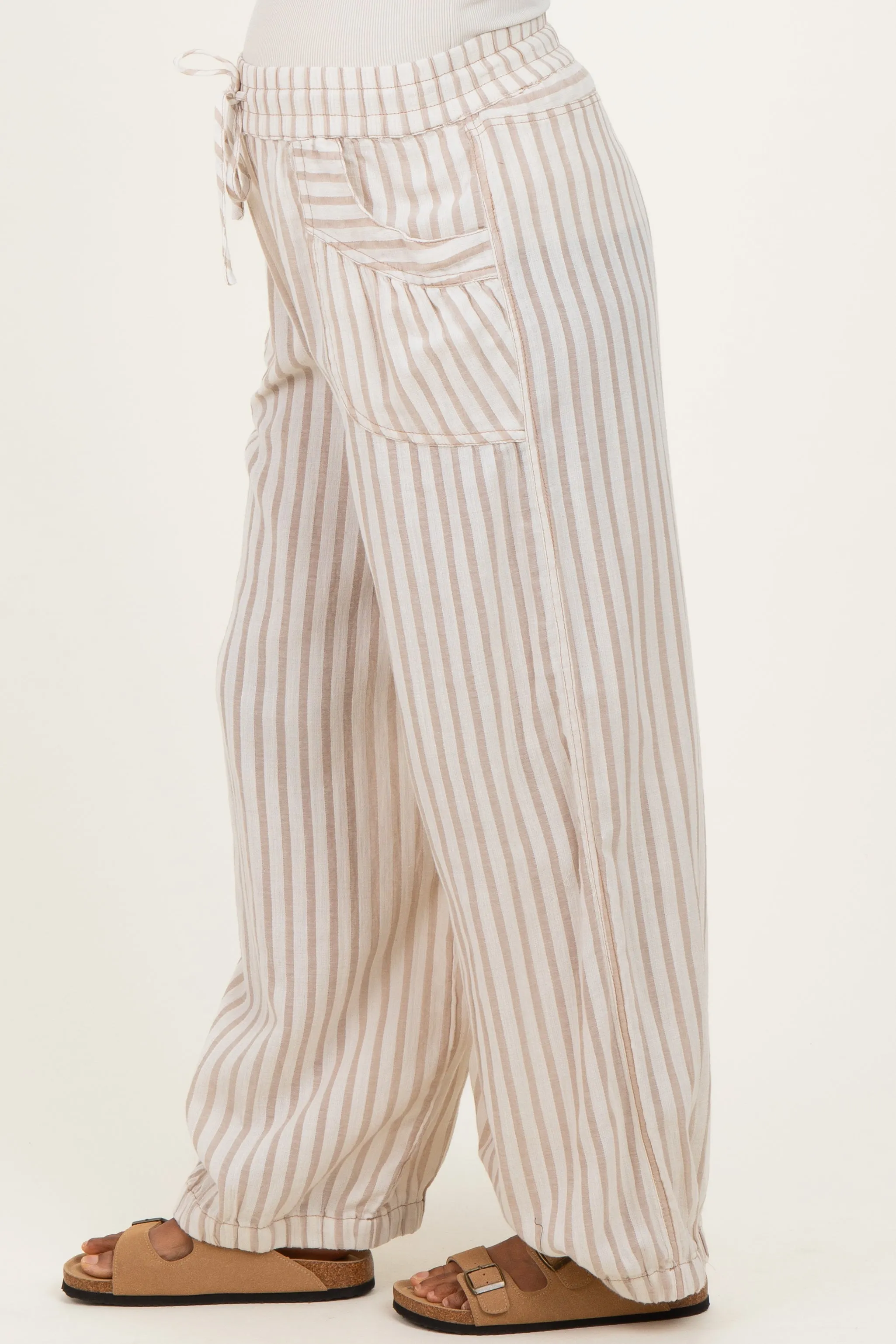 Taupe Striped Cotton Gauze Drawstring Maternity Pants sold by Pinkblush product image thumbnail 4