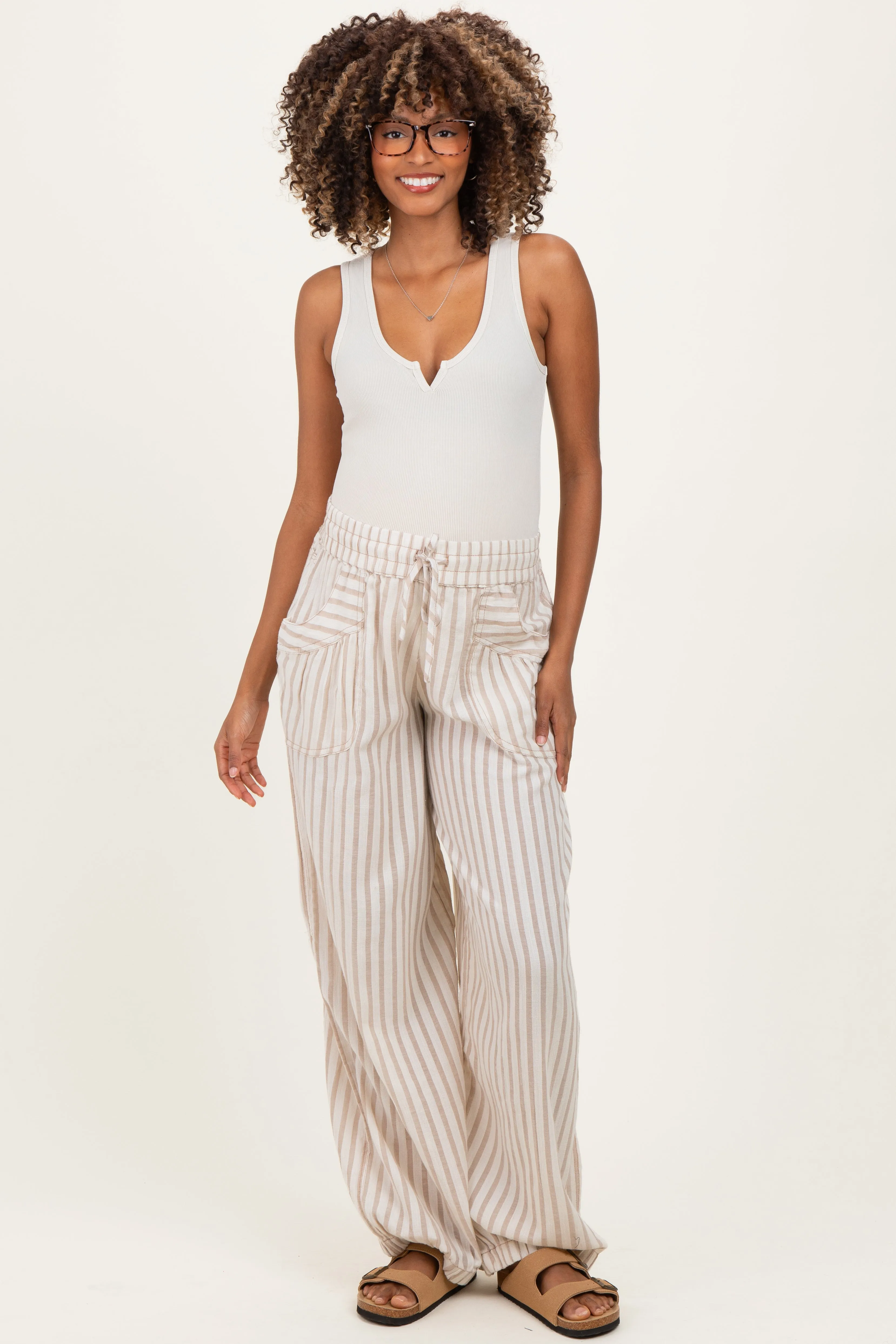 Taupe Striped Cotton Gauze Drawstring Maternity Pants sold by Pinkblush product image thumbnail 2