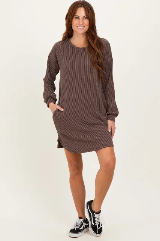 Brown Rib Knit Long Sleeve Dress sold by Pinkblush