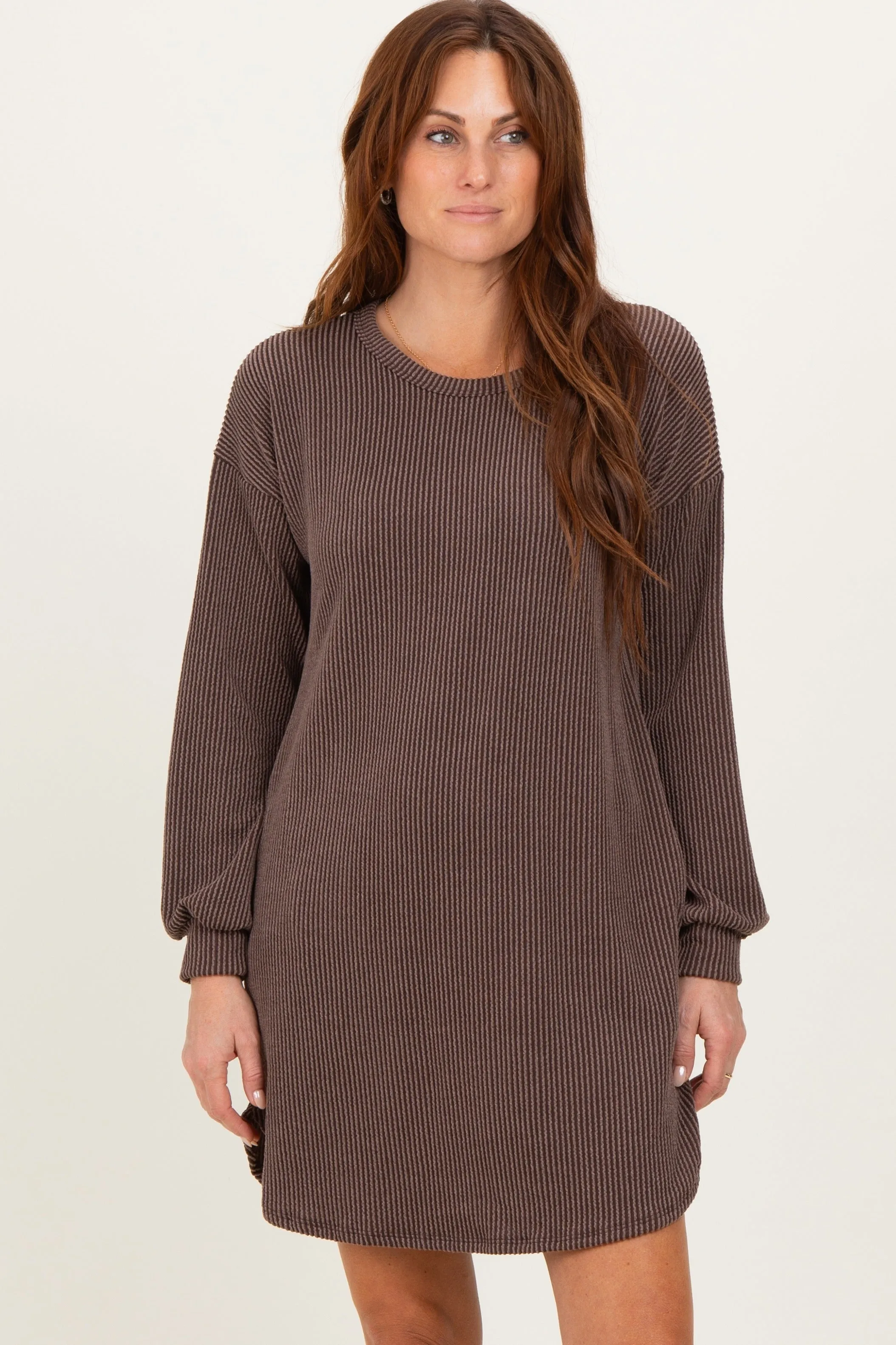 Brown Rib Knit Long Sleeve Dress sold by Pinkblush product image thumbnail 2