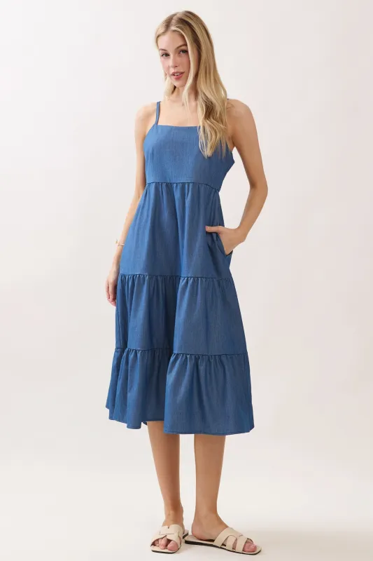 Dark Blue Tiered Sleeveless Midi Dress sold by Pinkblush