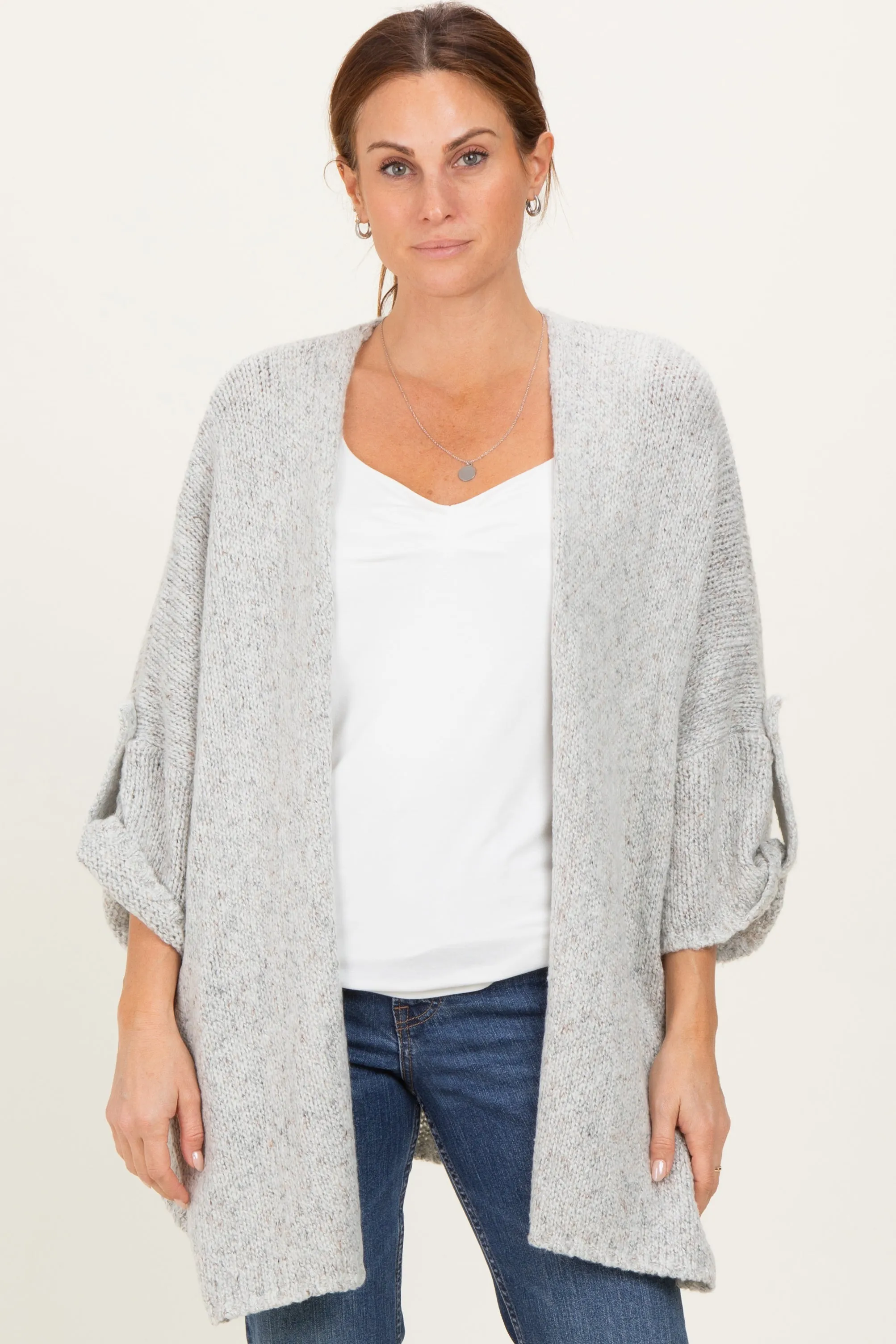 Heather Grey Oversized Cuffed Sleeve Cardigan sold by Pinkblush