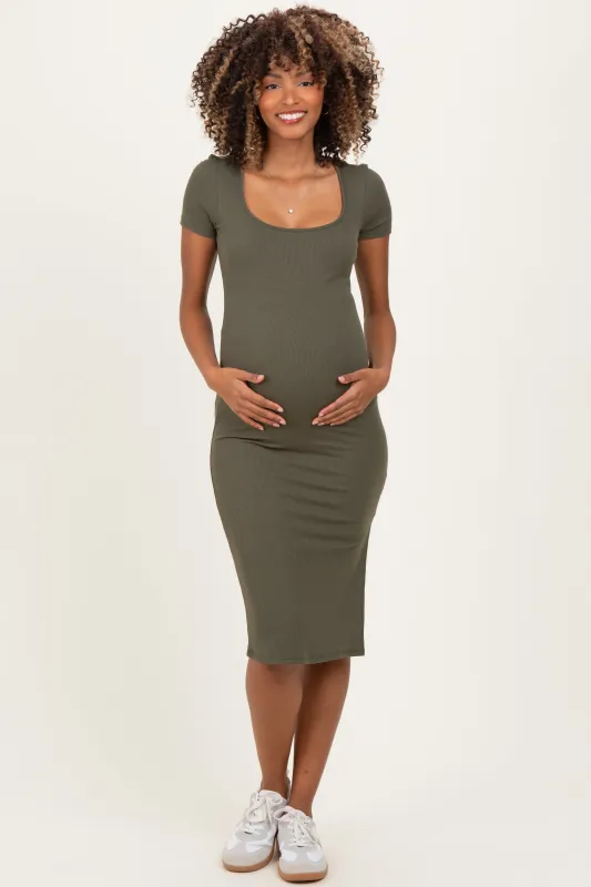Olive Square Neck Side Slit Maternity Midi Dress sold by Pinkblush