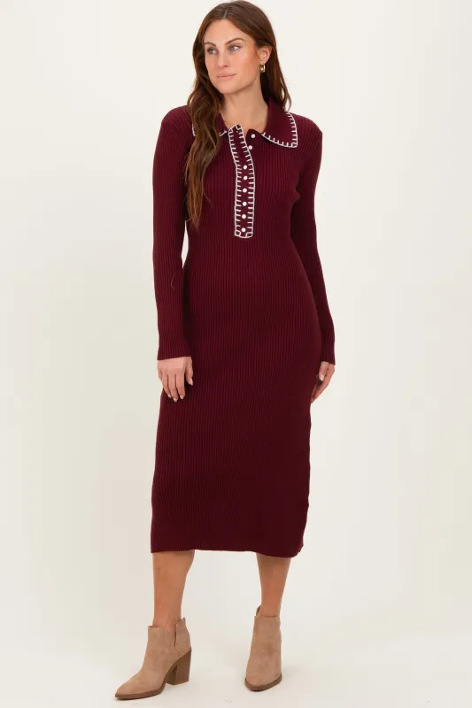 Burgundy Contrast Stitch Midi Sweater Dress sold by Pinkblush