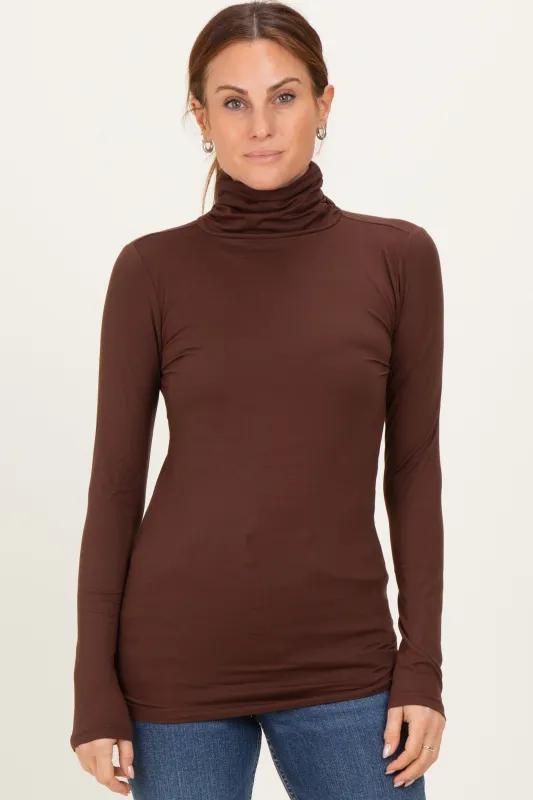 Brown Brushed Knit Basic Turtleneck Top sold by Pinkblush