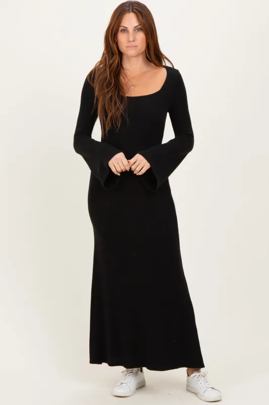 Black Solid Ribbed Long Sleeve Square Neck Maxi Dress sold by Pinkblush