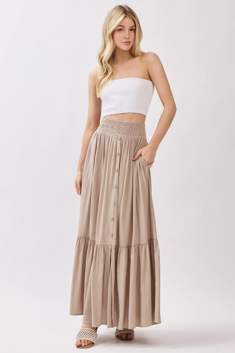 Sand Smocked Waist Button Detail Maternity Maxi Skirt sold by Pinkblush product image thumbnail 5