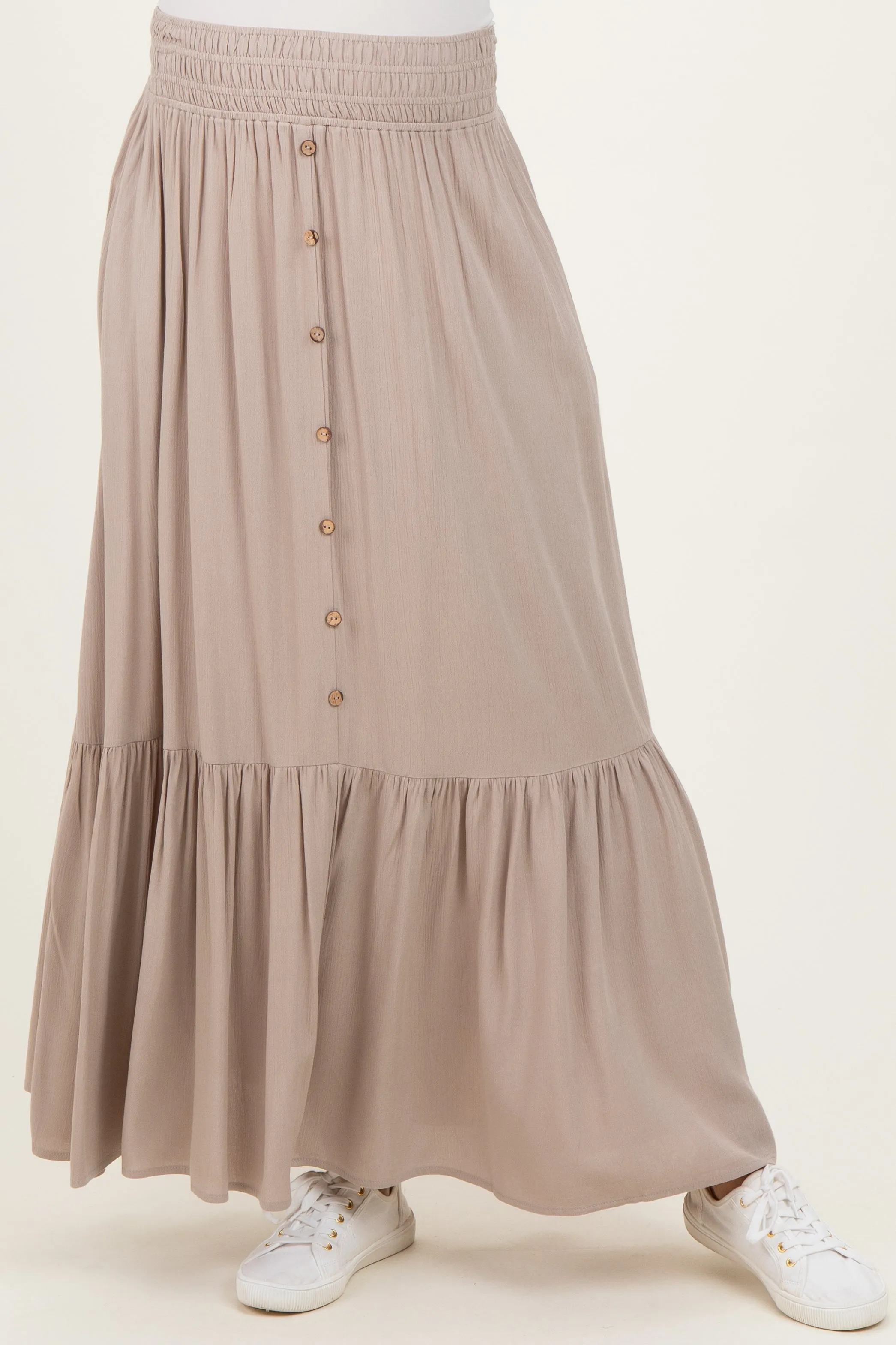 Sand Smocked Waist Button Detail Maternity Maxi Skirt sold by Pinkblush product image thumbnail 2