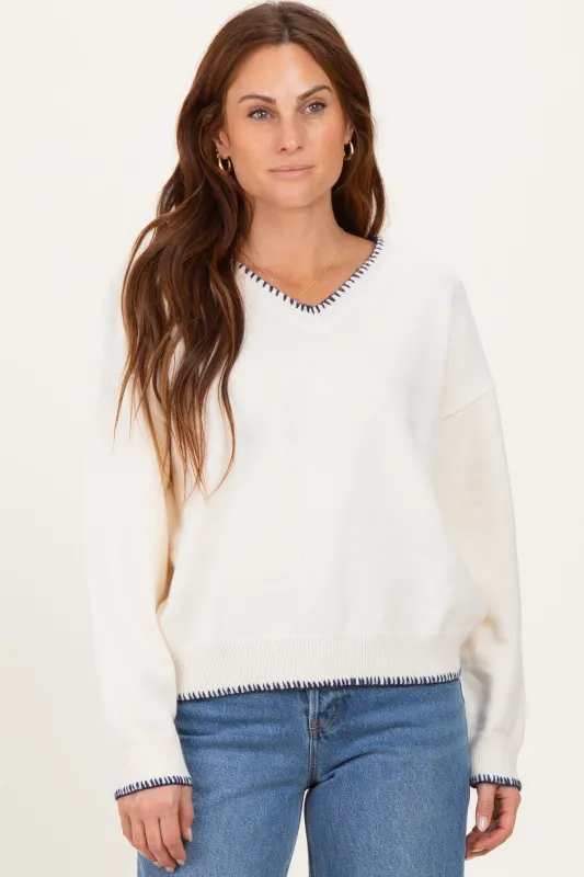 Ivory Stitch Detail V-Neck Oversized Sweater sold by Pinkblush