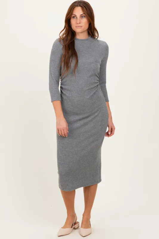 Charcoal Ribbed Knit Mock Neck Long Sleeve Ruched Dress sold by Pinkblush