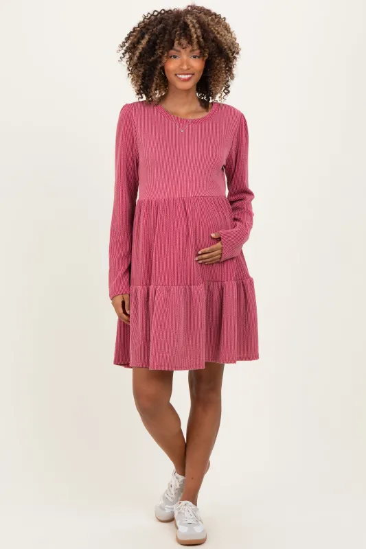Dark Mauve Textured Rib Tiered Long Sleeve Maternity Dress sold by Pinkblush