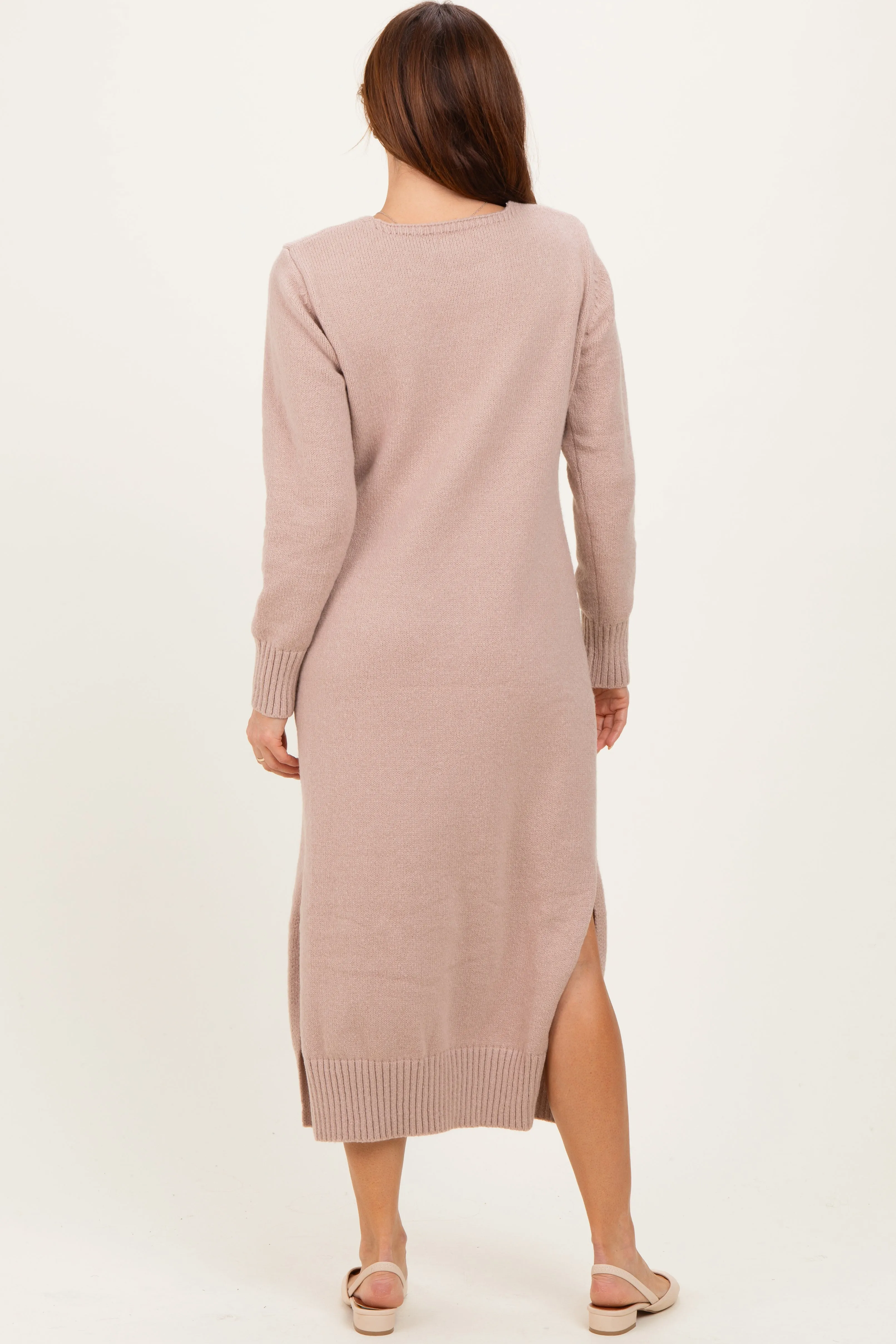 Taupe V-Neck Relaxed Fit Sweater Dress sold by Pinkblush product image thumbnail 3