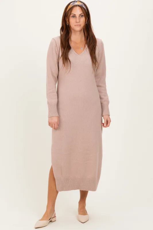 Taupe V-Neck Relaxed Fit Sweater Dress sold by Pinkblush