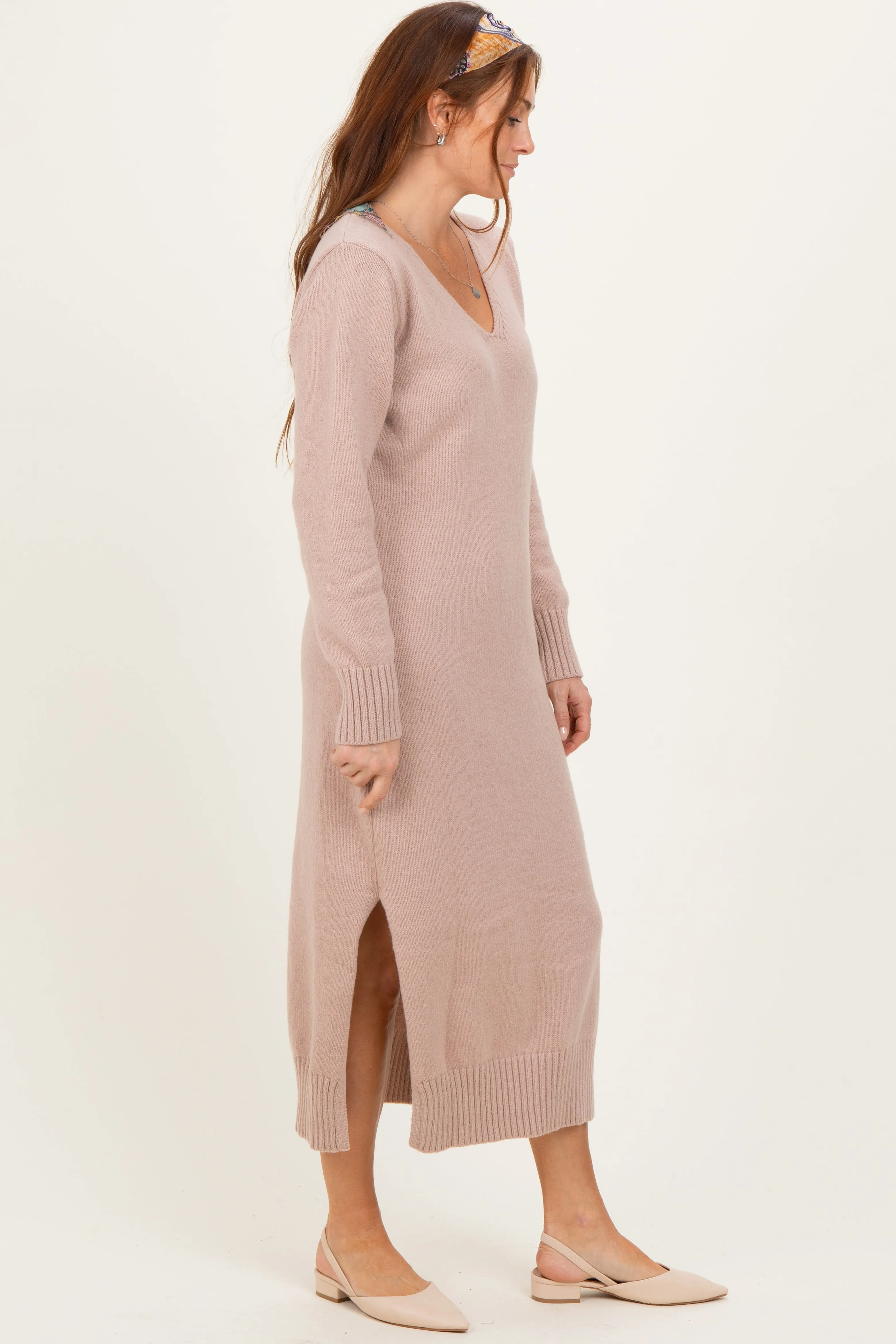 Taupe V-Neck Relaxed Fit Sweater Dress sold by Pinkblush product image thumbnail 2