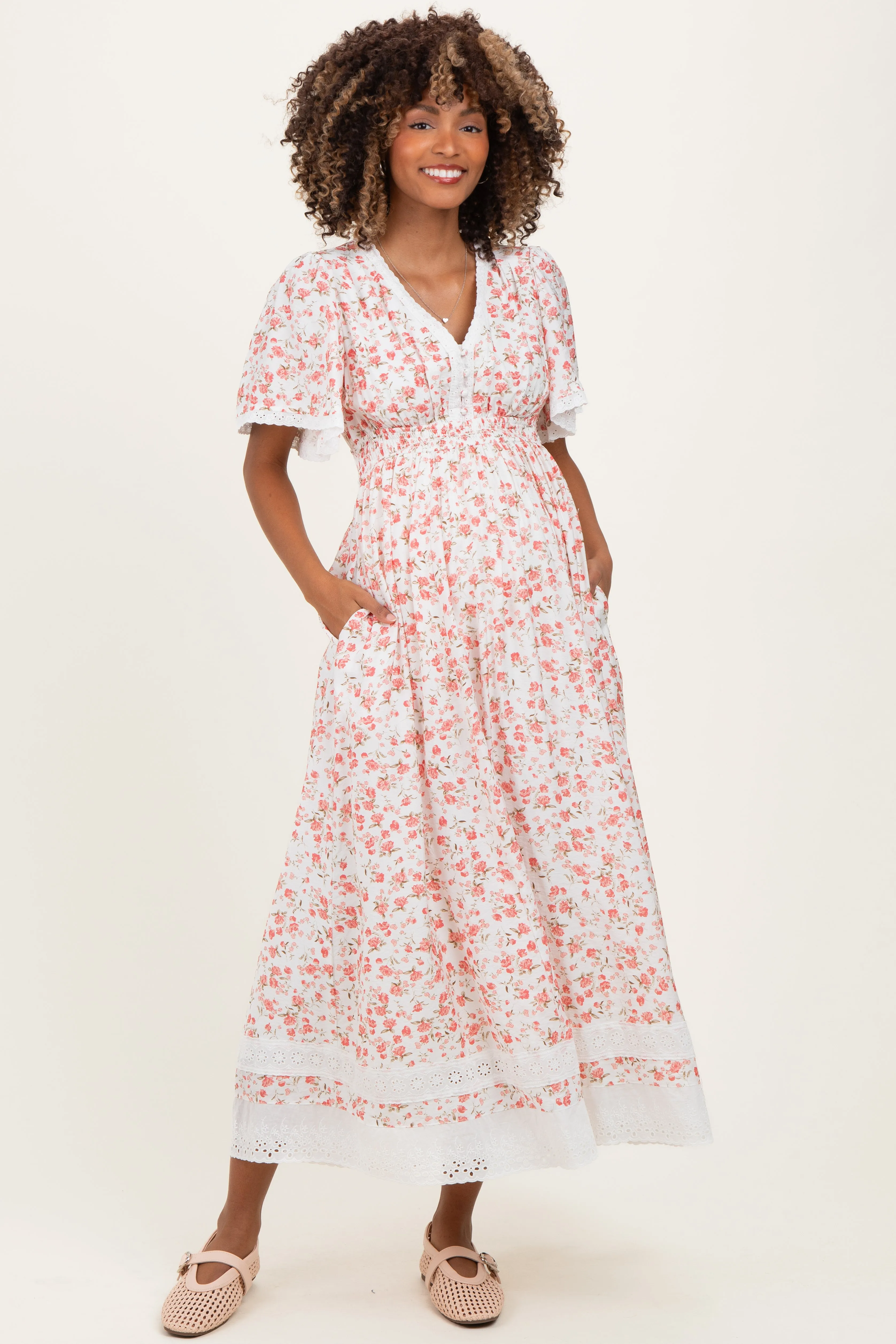 Pink Floral Lace Trim Flutter Sleeve Maternity Maxi Dress sold by Pinkblush