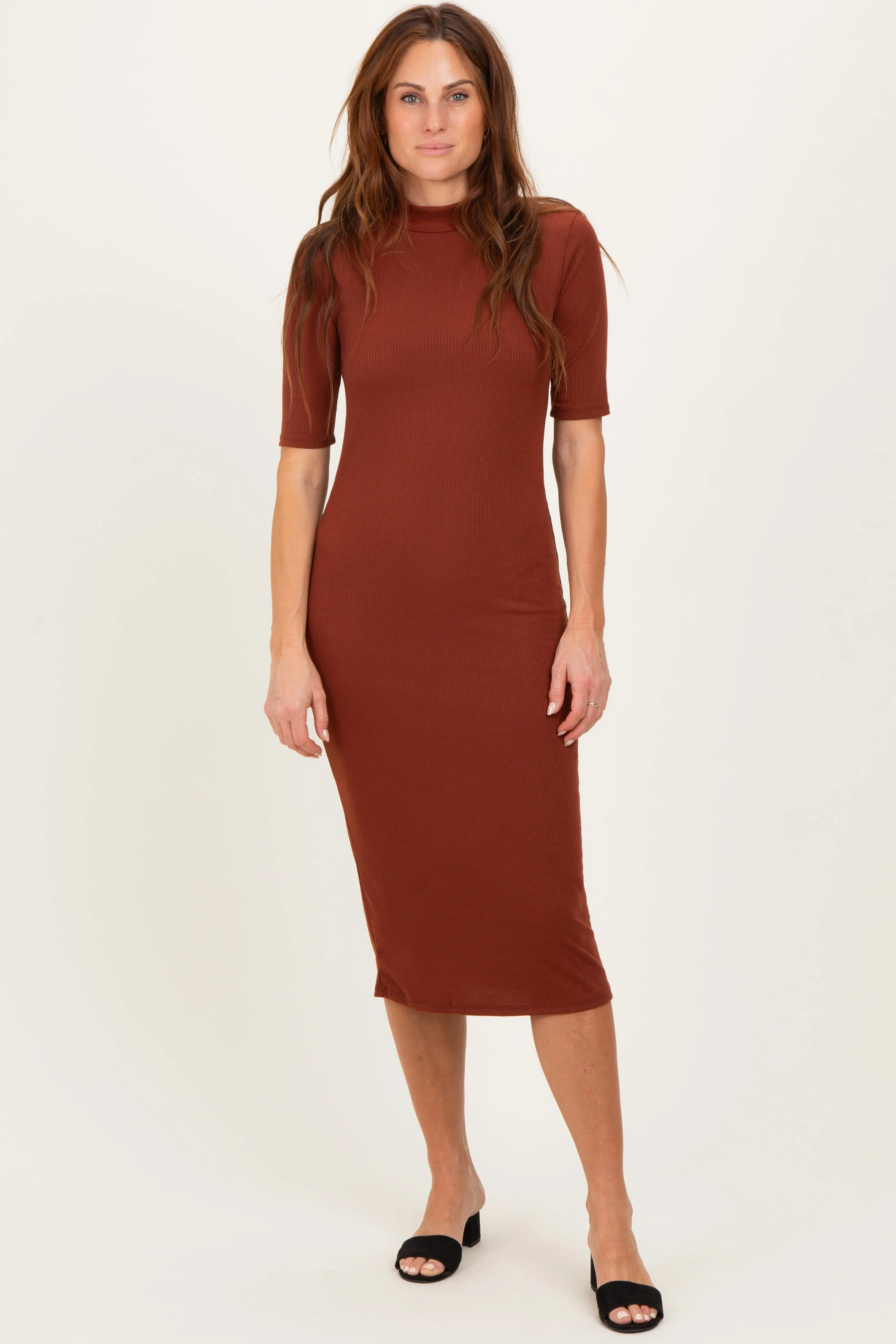 Maroon Ribbed Mock Neck Midi Dress sold by Pinkblush product image thumbnail 2